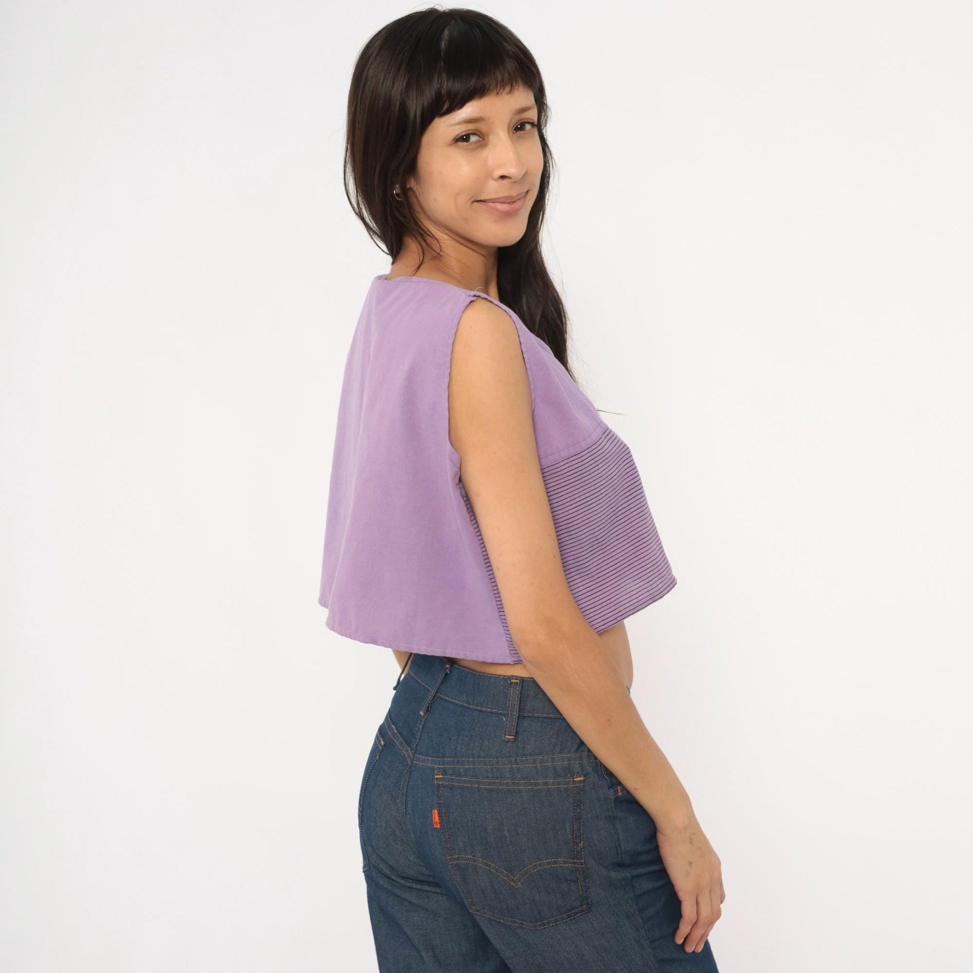 90s Award Winning Lilac Crop Top Striped Scoop Neck Sleeveless Extra Large XL