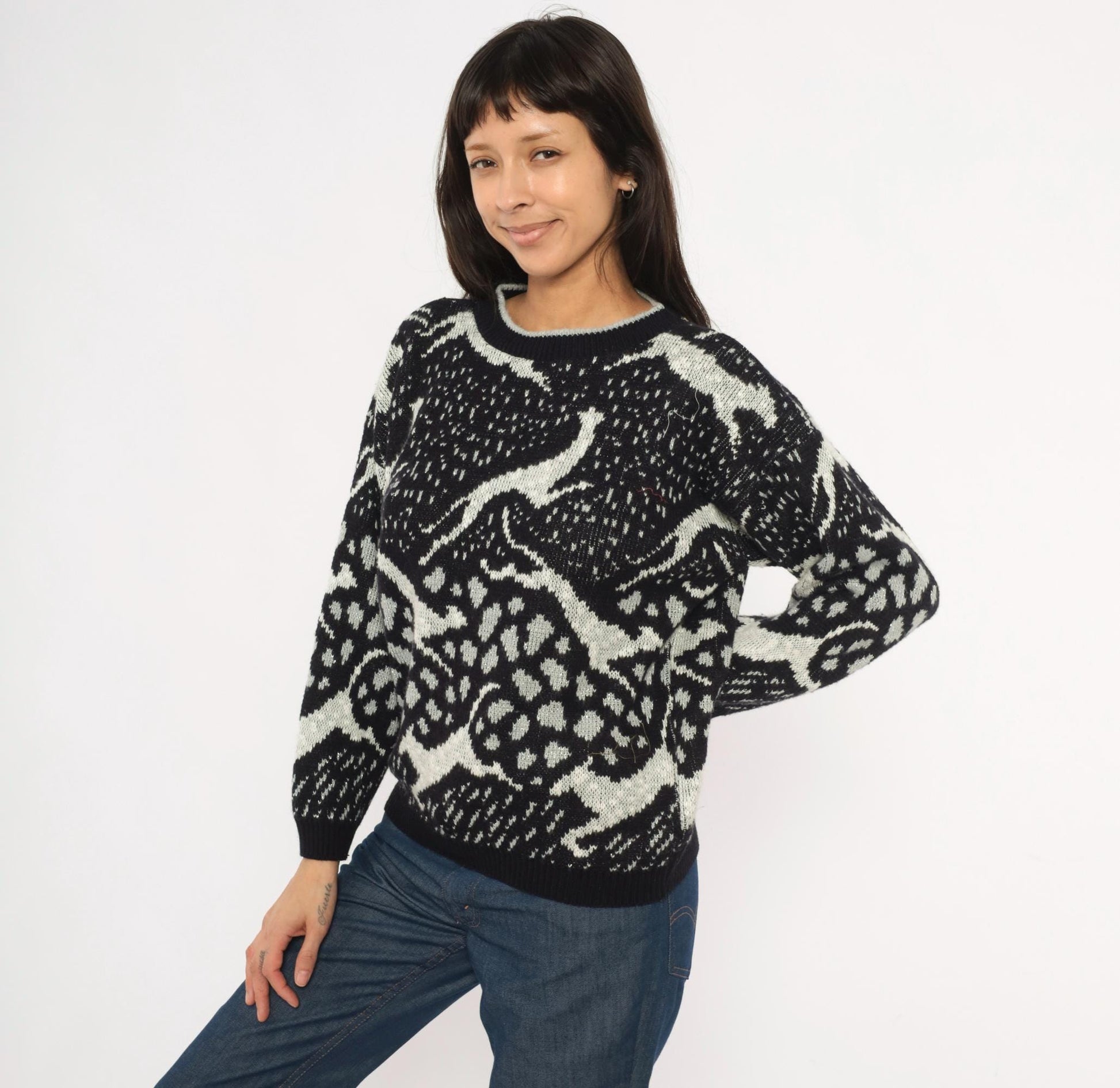 90s Arielle Greyhound Jacquard Knit Sweater Black Ivory Crewneck Large L