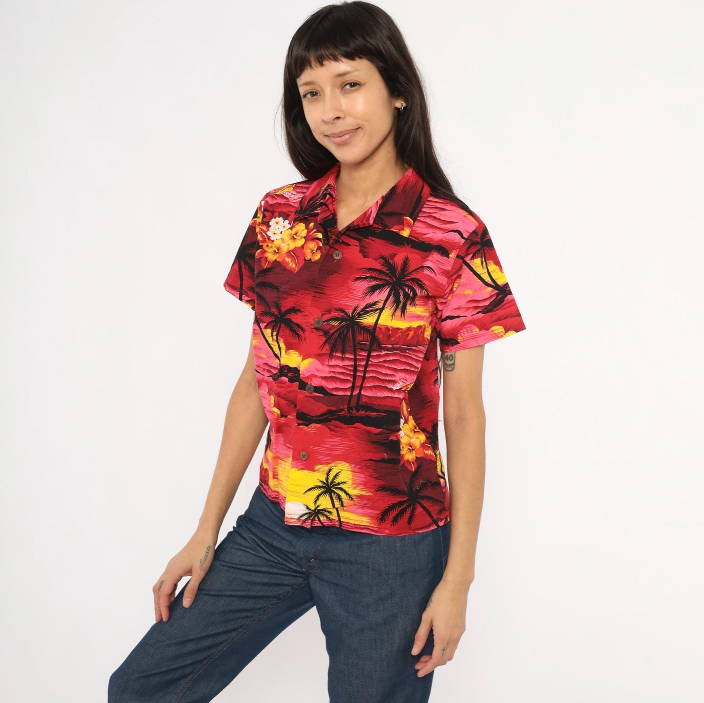 90s Palmwave Hawaii Camp Collar Shirt Red Pink Tropical Palm Tree Cotton Medium