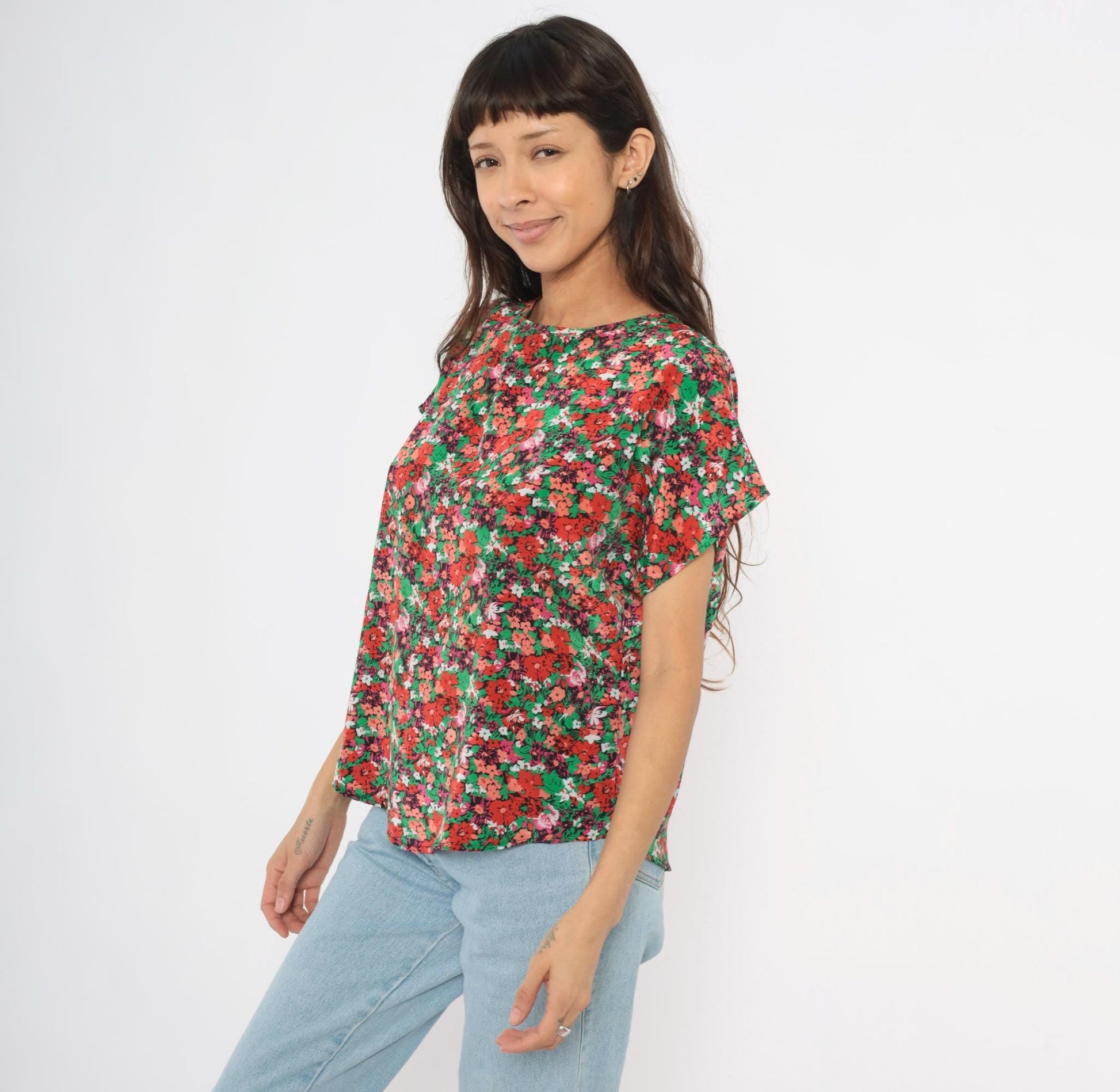 90s Jennifer Lloyd Floral Blouse Red Green Garden Print Cap Sleeve Medium