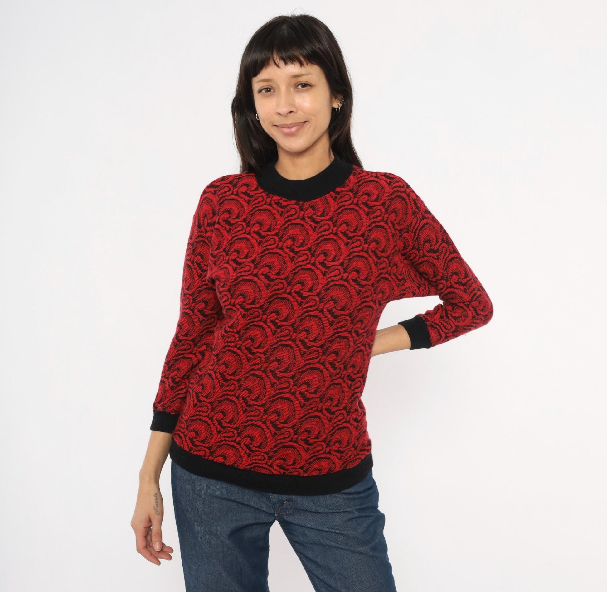 80s Down Side Up Jacquard Swirl Sweater Red Black Crew Neck Extra Small XS