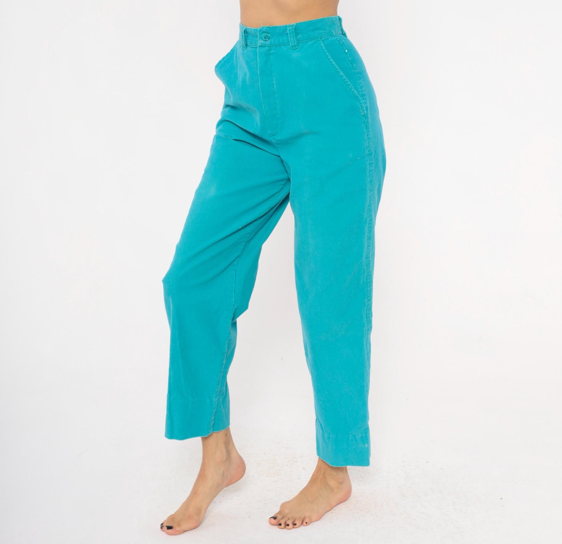 80s Gregg Michael Teal Corduroy Trousers High Waisted Straight Leg Extra Small XS