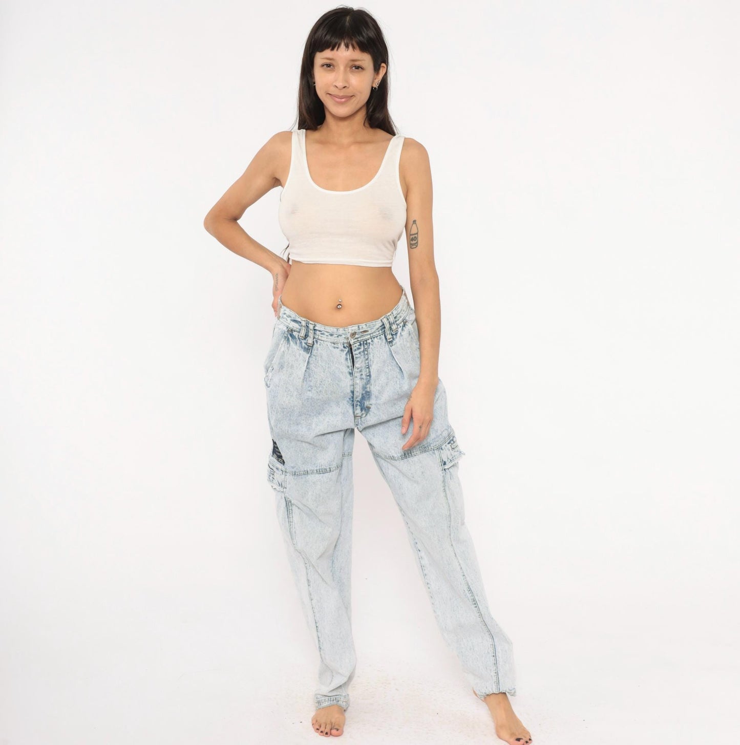 80s Bugle Boy Acid Wash Cargo Jeans Light Blue High Rise 33L