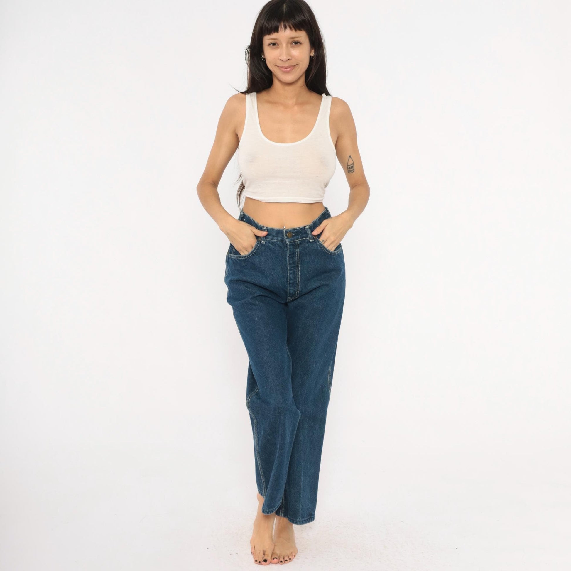 80s Kenny Rogers Western Embroidered Daisy Jeans High Waist Straight Leg Blue 28