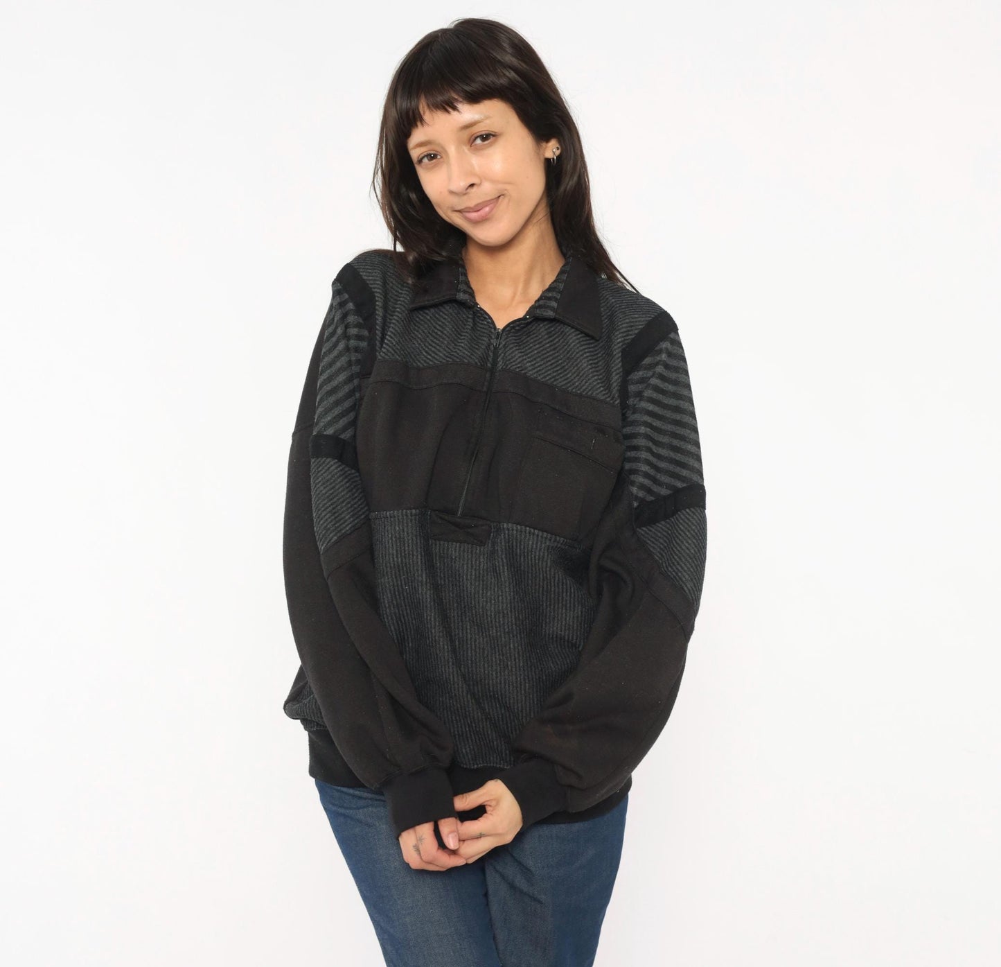 90s Alexxus Half-Zip Pullover Black Grey Patchwork Colorblock Sweatshirt Extra Large