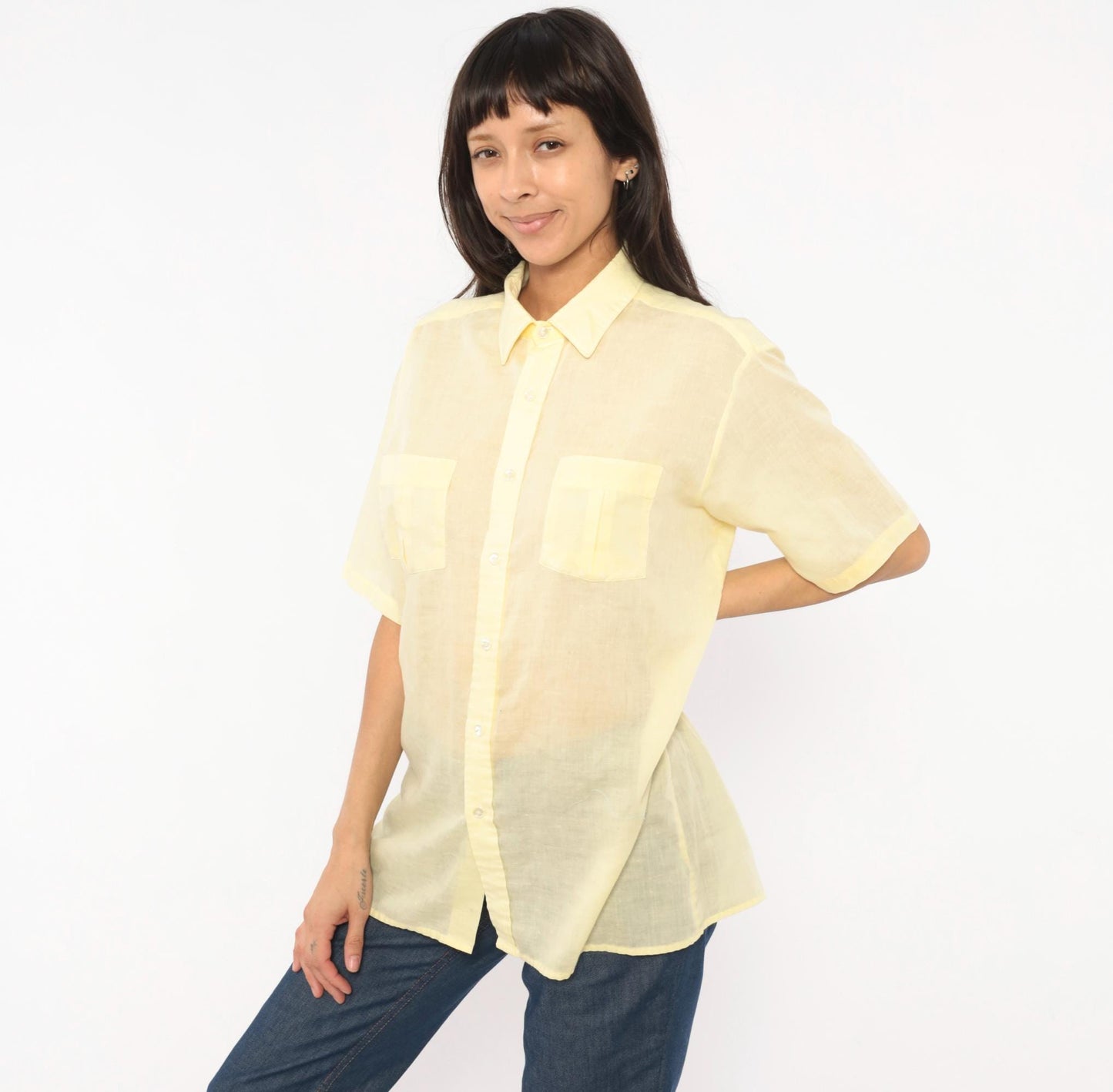 70s Arrow Pale Yellow Camp Collar Shirt Short Sleeve Pointed Chest Pockets Medium