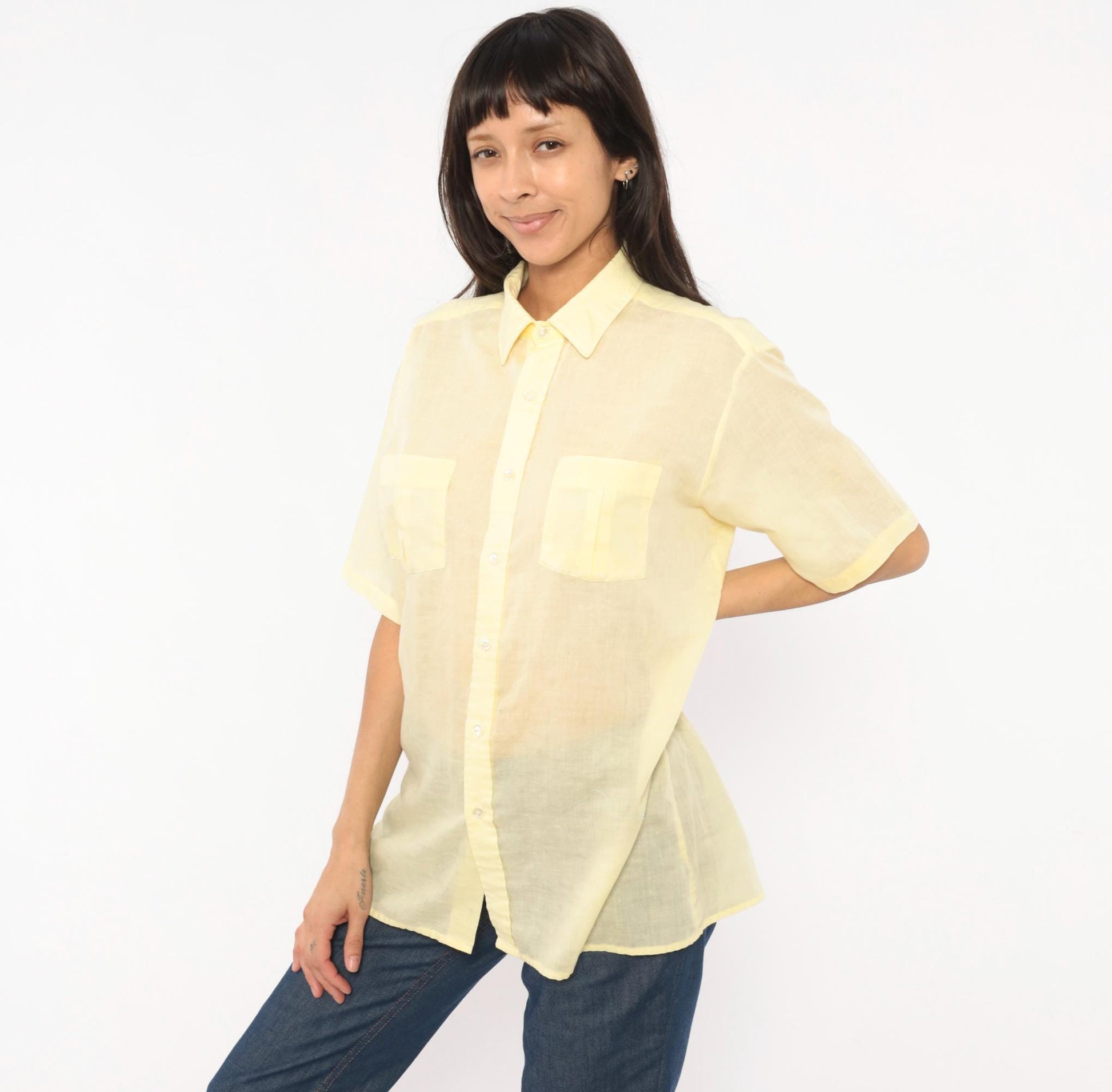 70s Arrow Pale Yellow Camp Collar Shirt Short Sleeve Pointed Chest Pockets Medium