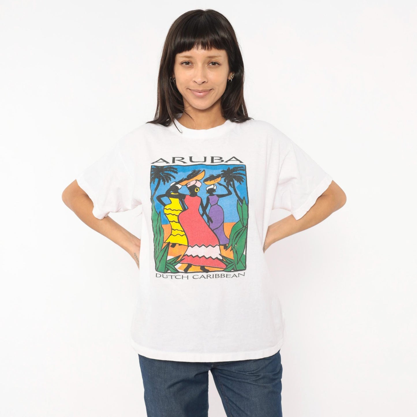 90s Aruba Paradise Island Souvenir Tee White Cotton Graphic Large L
