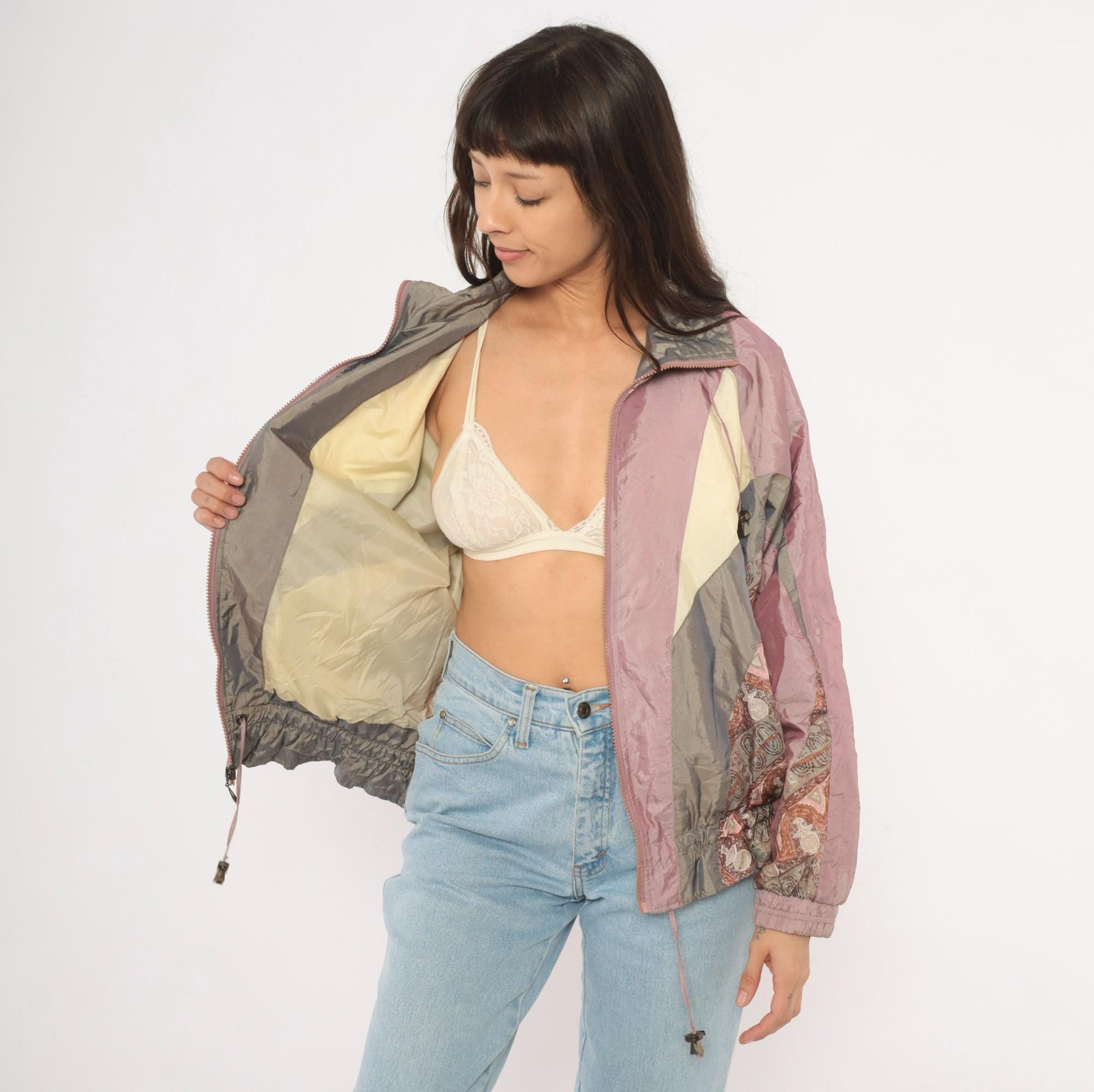 90s Westport Ltd. Colorblock Windbreaker Mauve Grey Cream Paisley Medium M