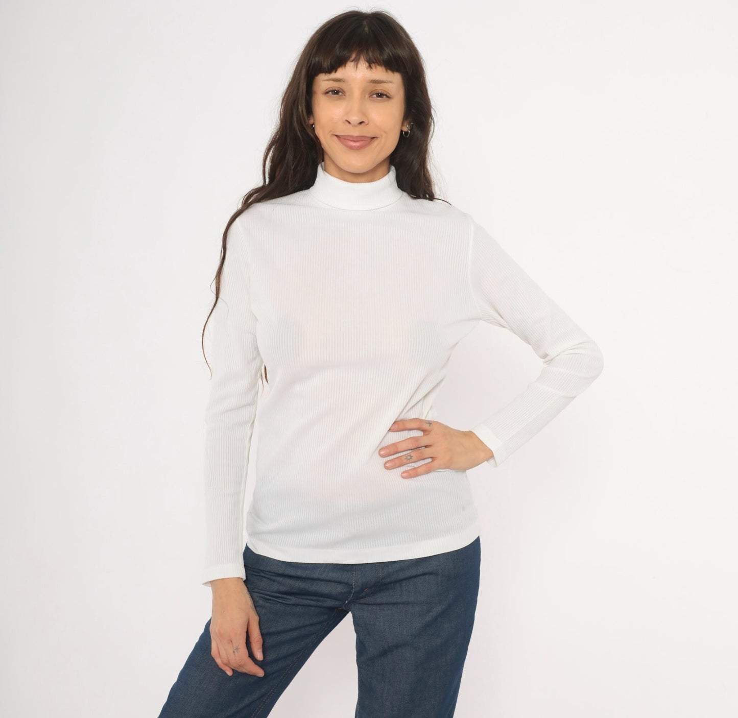 70s White Ribbed Mock Neck Top Long Sleeve Fitted Knit Zip Back Small