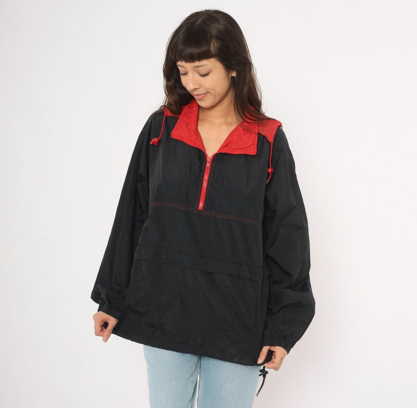 90s Black Red Colorblock Anorak Windbreaker Pullover Jacket Medium M