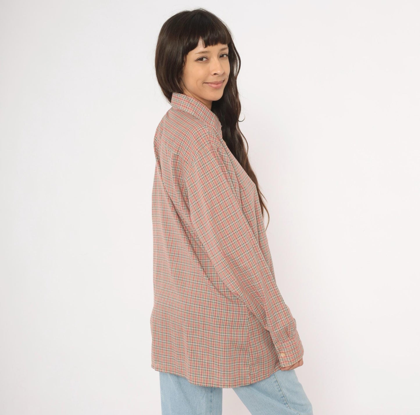 90s Plaid Button-Up Shirt Red Green Tan Check Cotton Point Collar Medium M