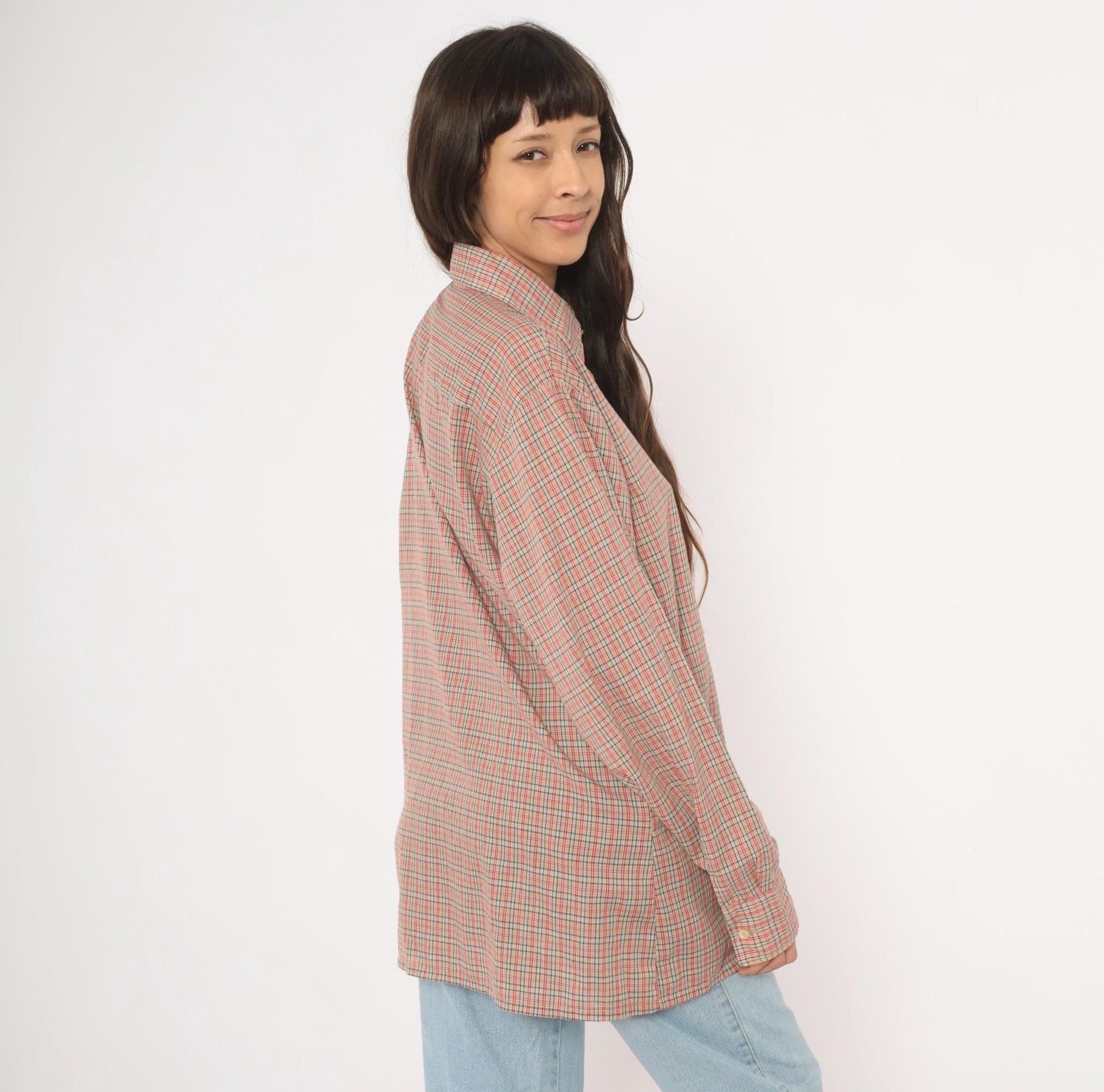 90s Plaid Button-Up Shirt Red Green Tan Check Cotton Point Collar Medium M
