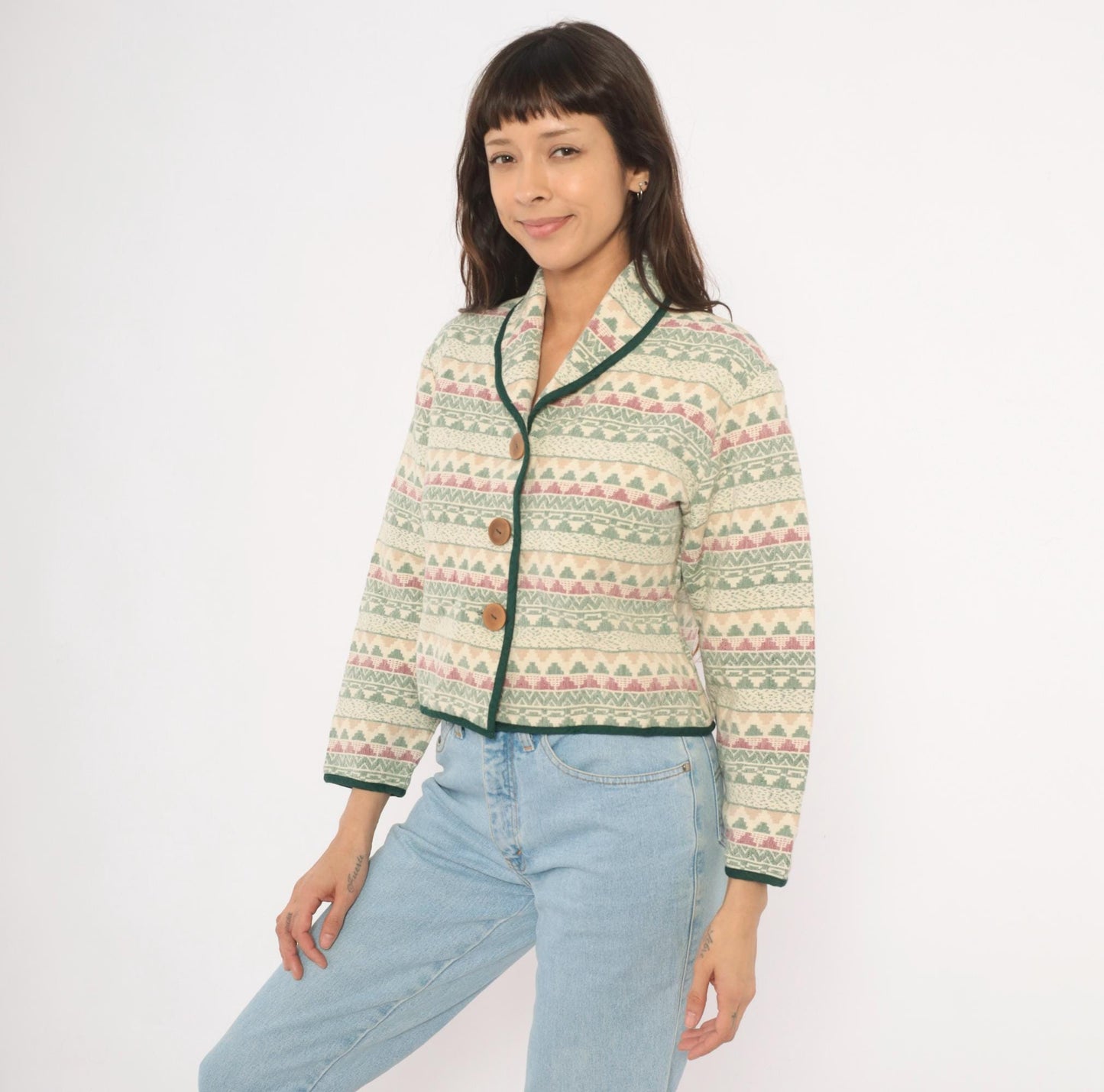 90s Southwest Canyon Tapestry Jacket Cropped Cream Sage Geometric Wooden Button Large L