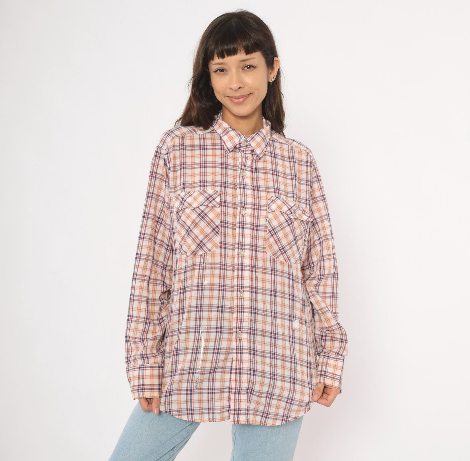 80s Levi Strauss Plaid Flannel Shirt White Navy Red Cotton Large L