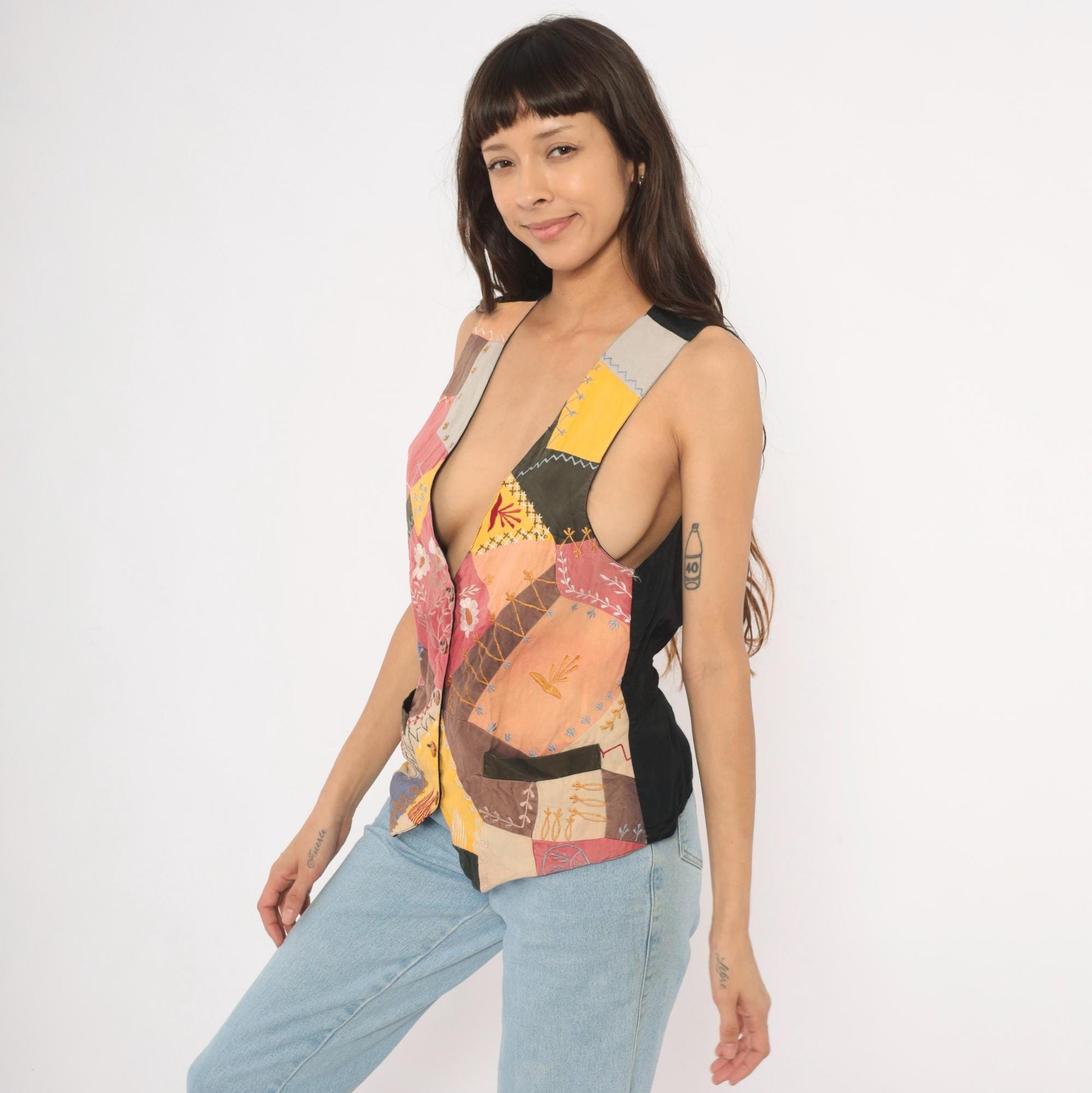90s Exposed Clothing Patchwork Embroidered Vest Floral Crazy Quilt Small S