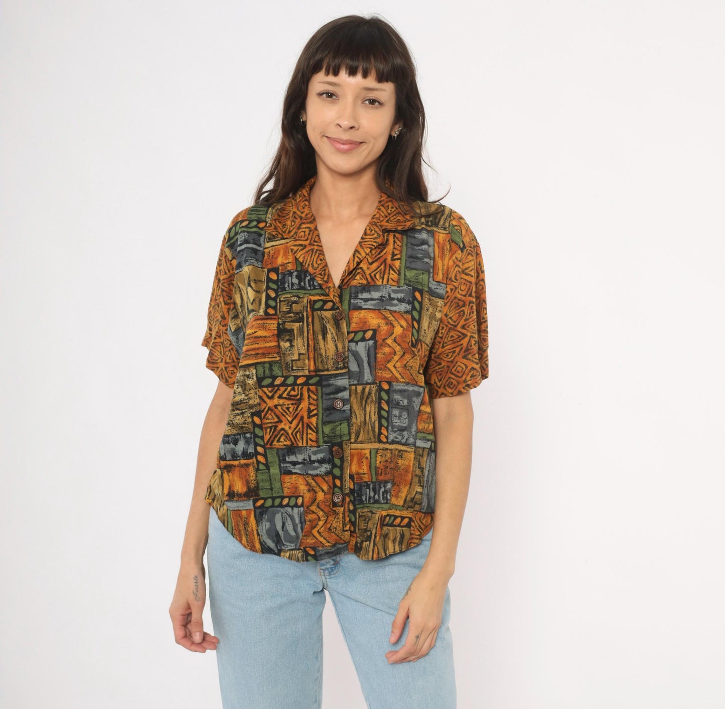 90s Tribal Patchwork Camp Collar Shirt Mustard Olive Slate Large L