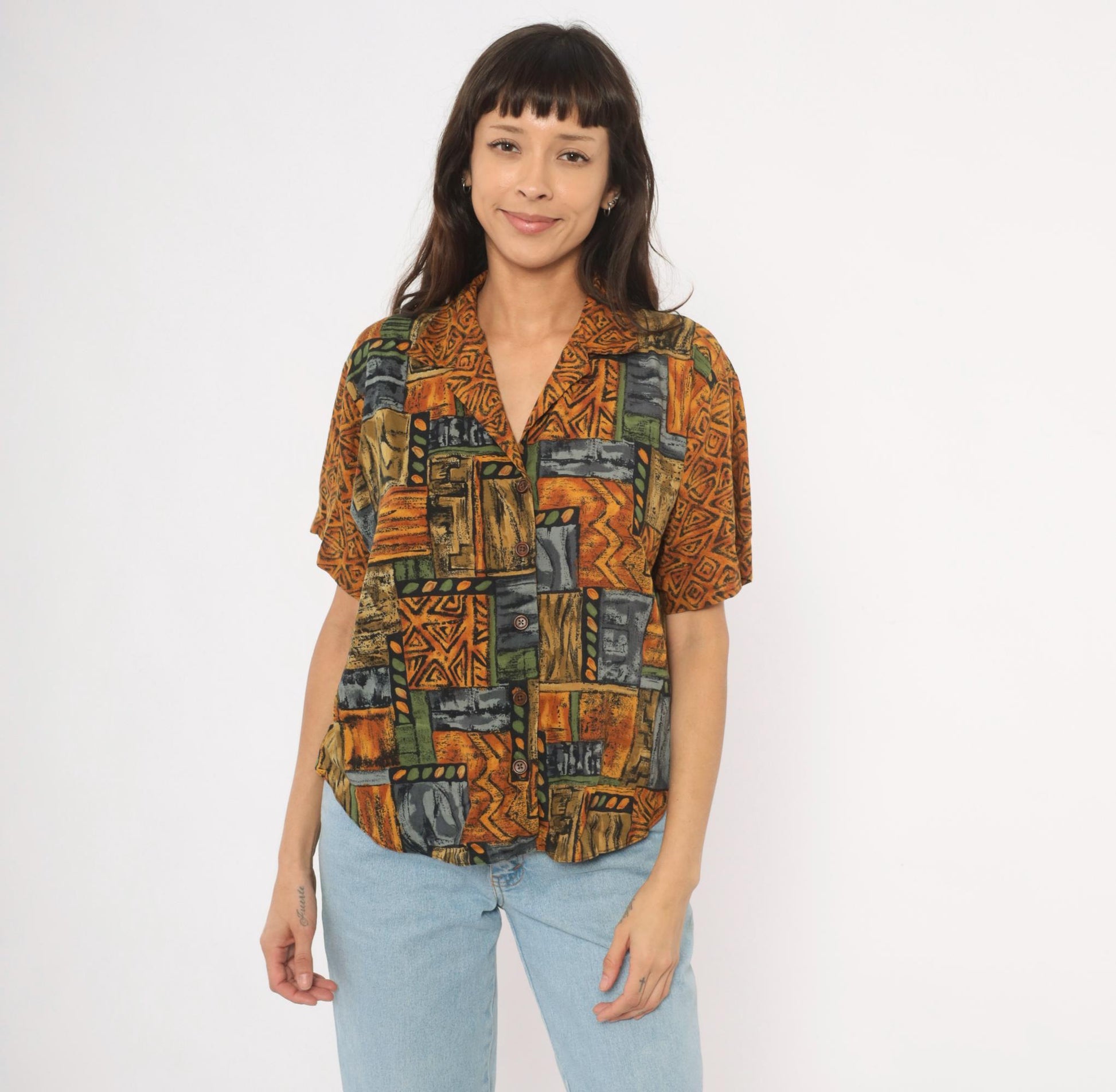 90s Tribal Patchwork Camp Collar Shirt Mustard Olive Slate Large L