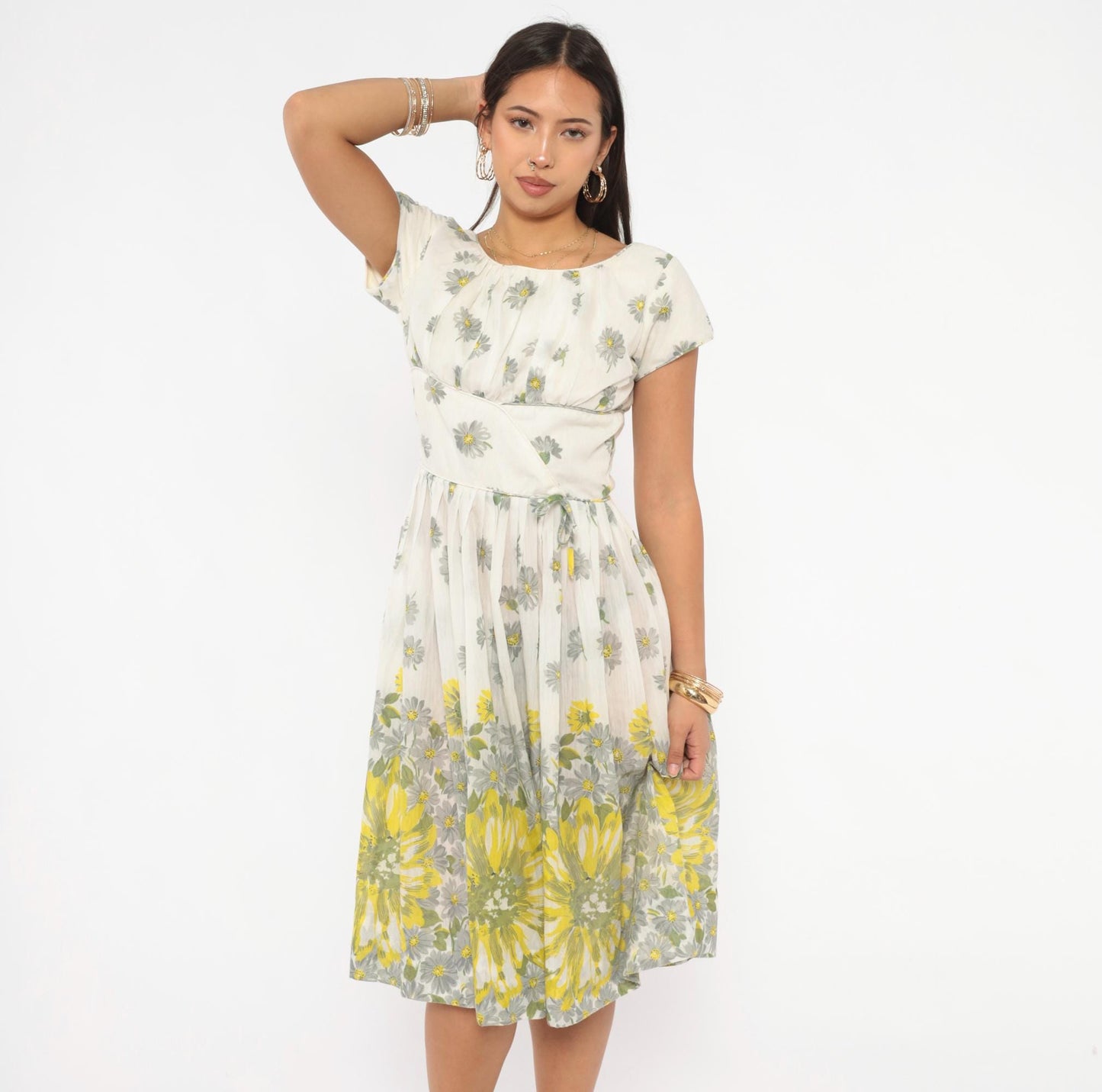 60s Daisy Print Fit And Flare Dress White Yellow Cotton Cap Sleeve Extra Small XS