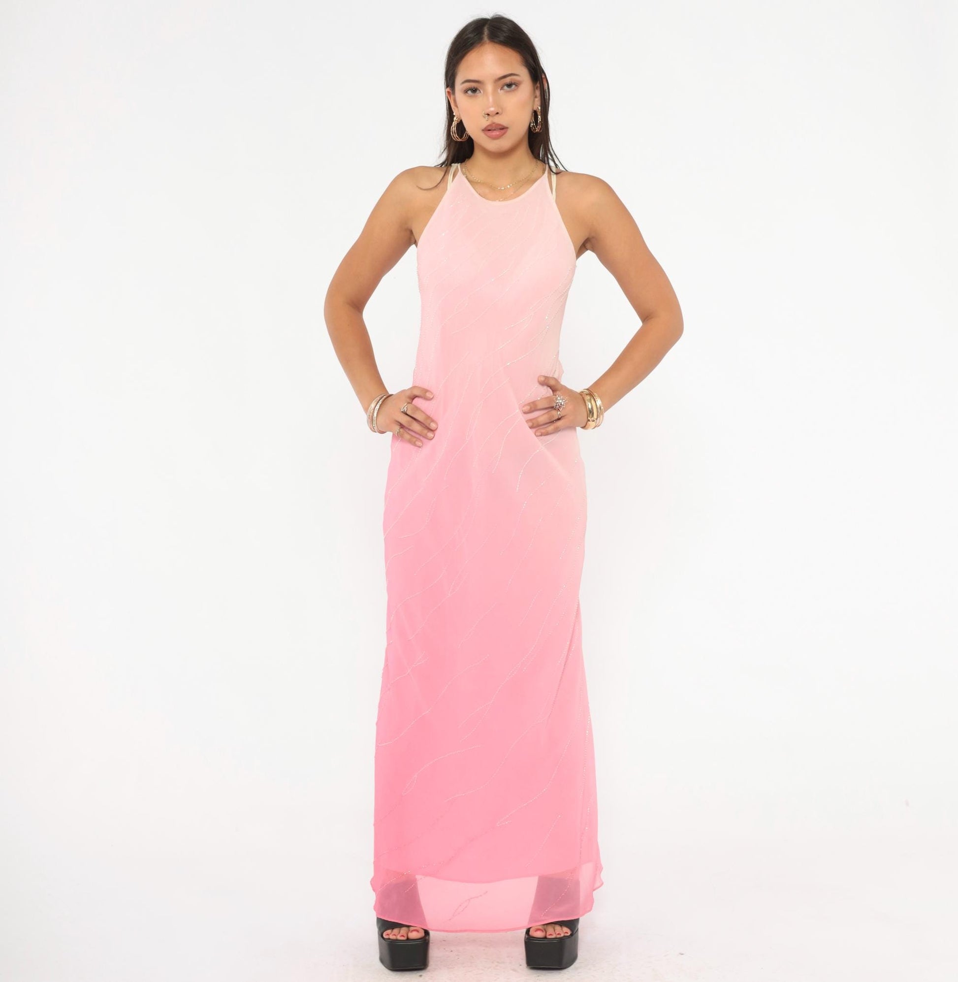 2000s Pink Ombre Beaded Maxi Gown Halter Chiffon Chelsea Nites Small
