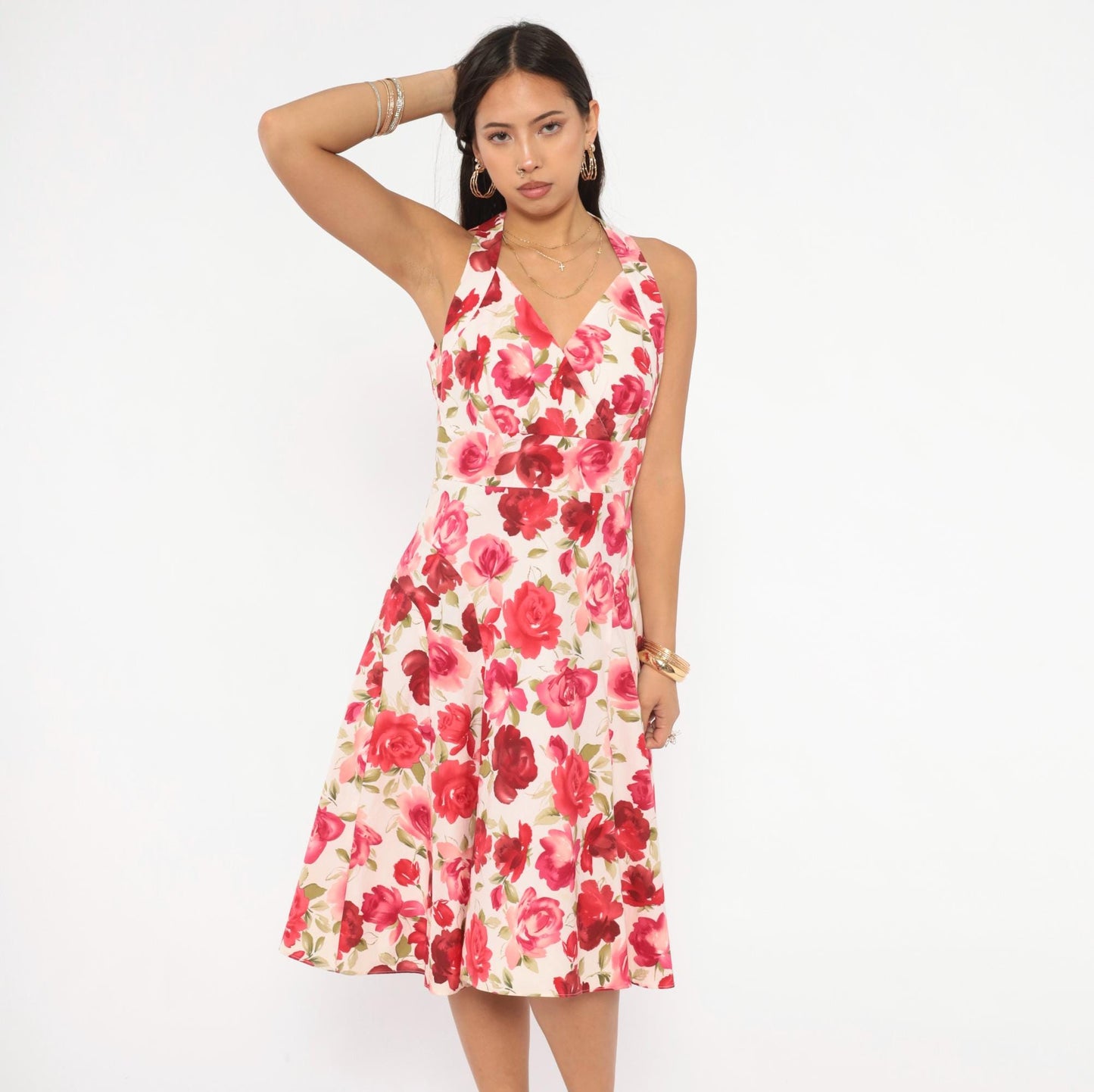 Y2K Talbots Rose Floral Halter Dress Cream Pink Red Knee-Length Medium M