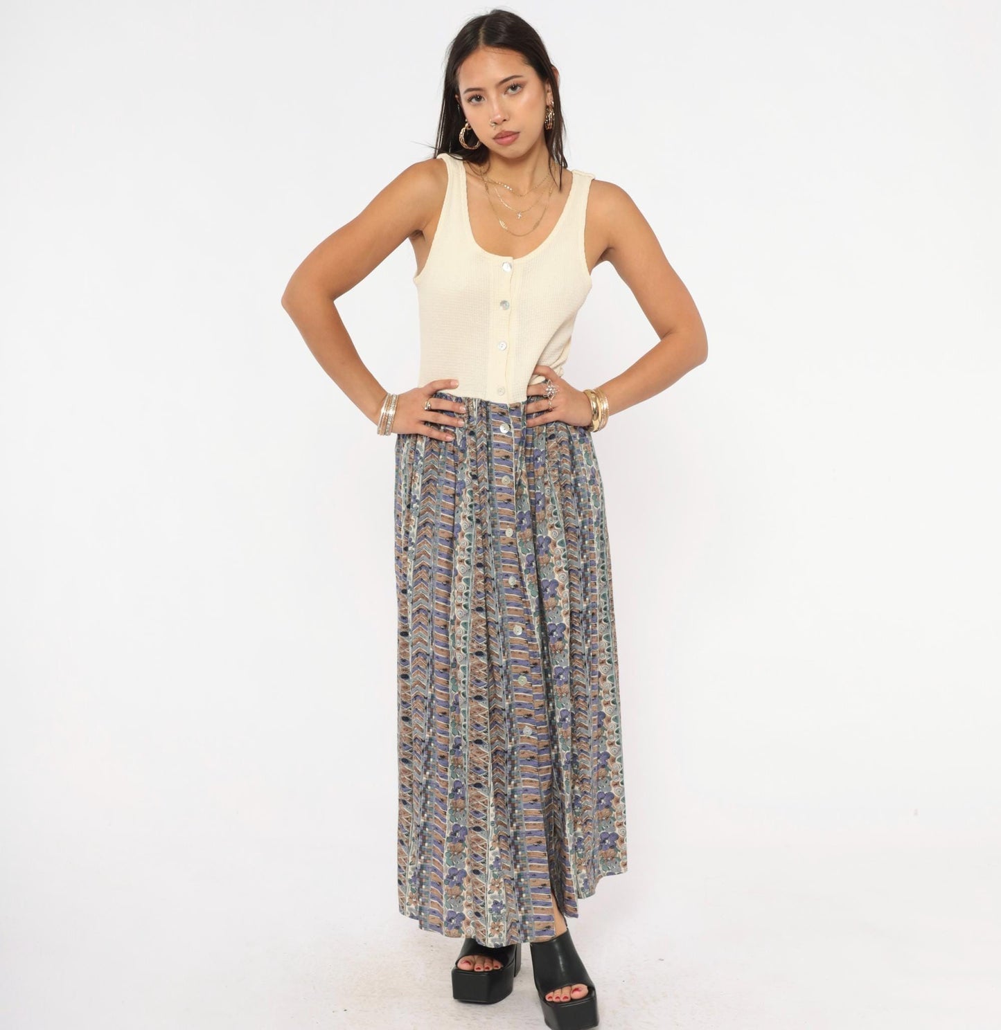 90s Ultimate Blues Maxi Dress Cream Waffle Knit Floral Skirt Medium