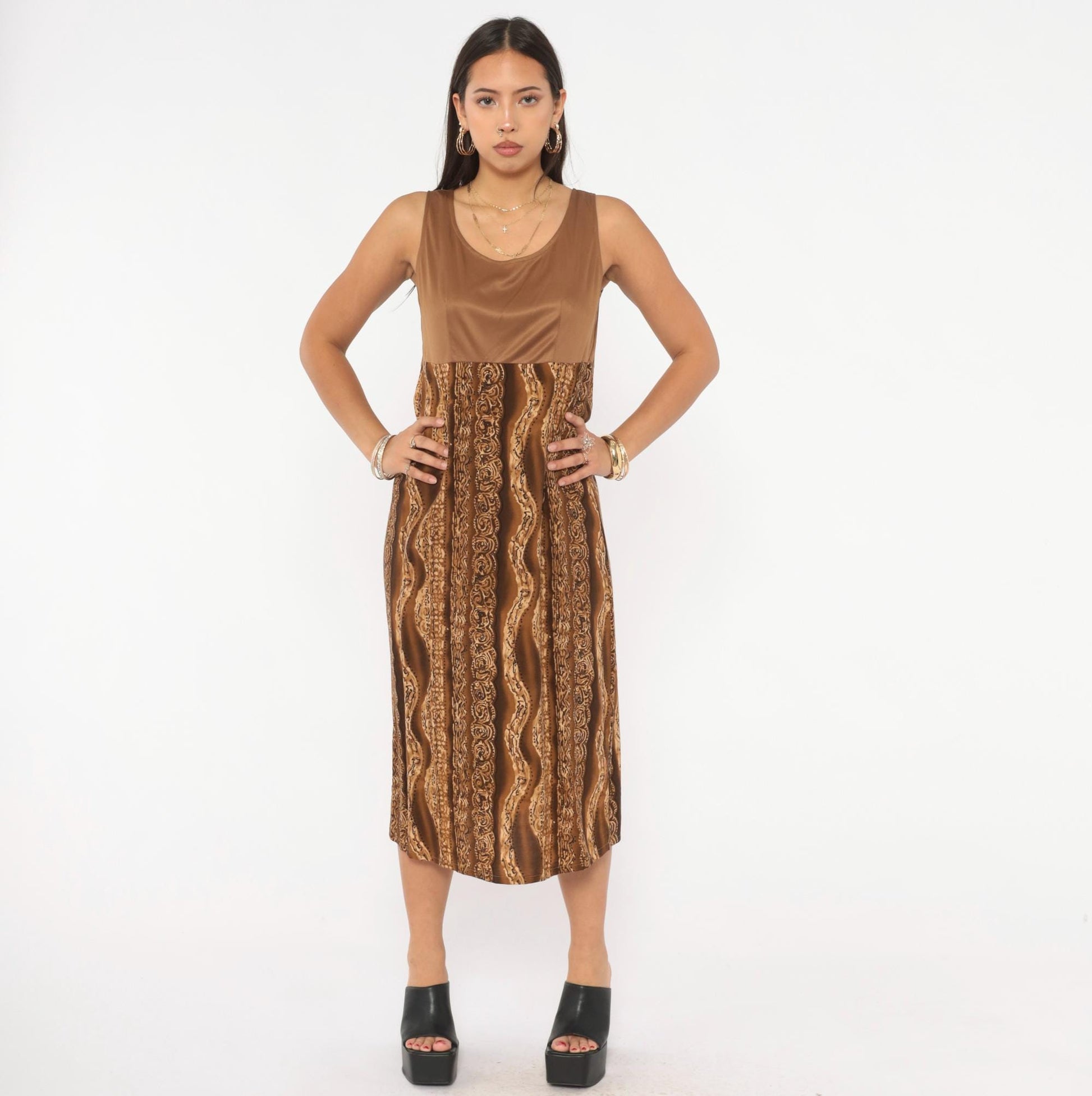 90s Molly Malloy Midi Dress Brown Tan Tribal Print Empire Waist Small