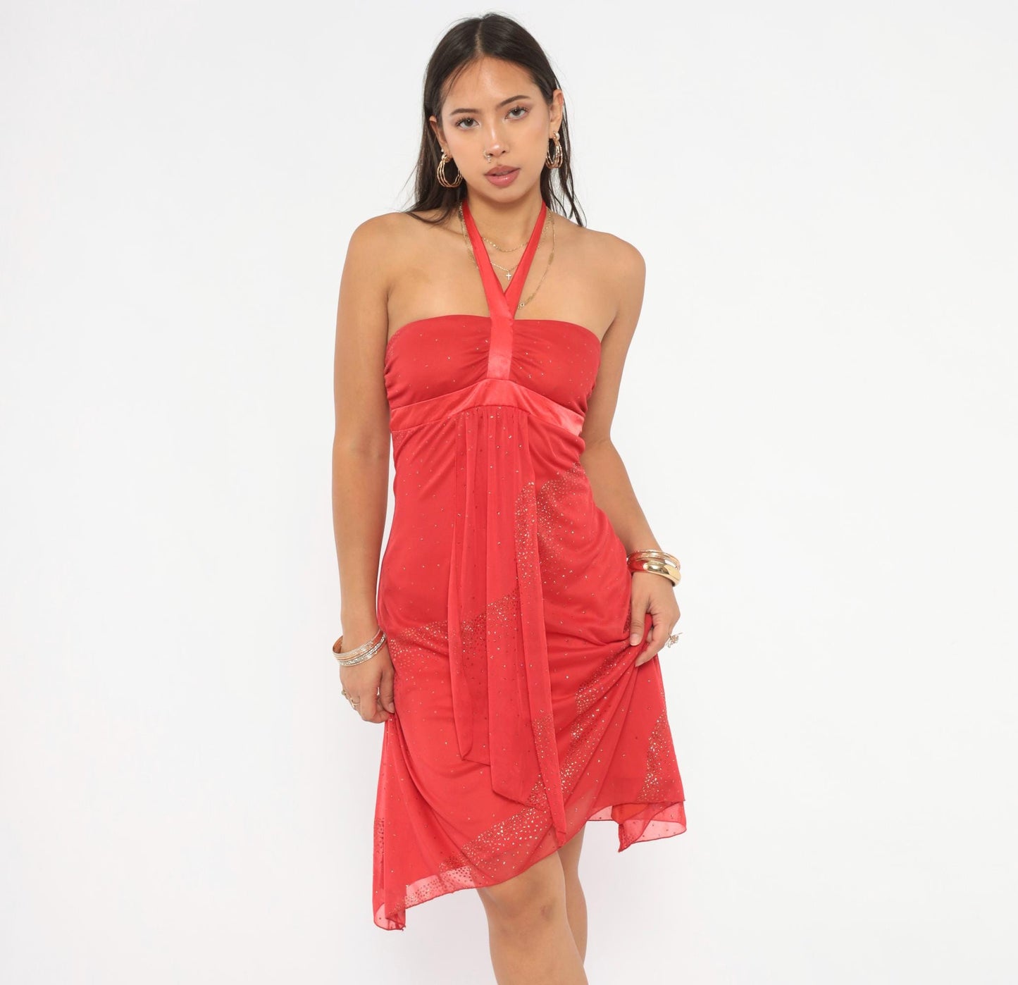 Y2K Red Halter Mini Dress Glitter Rhinestone Chiffon Extra Small XS