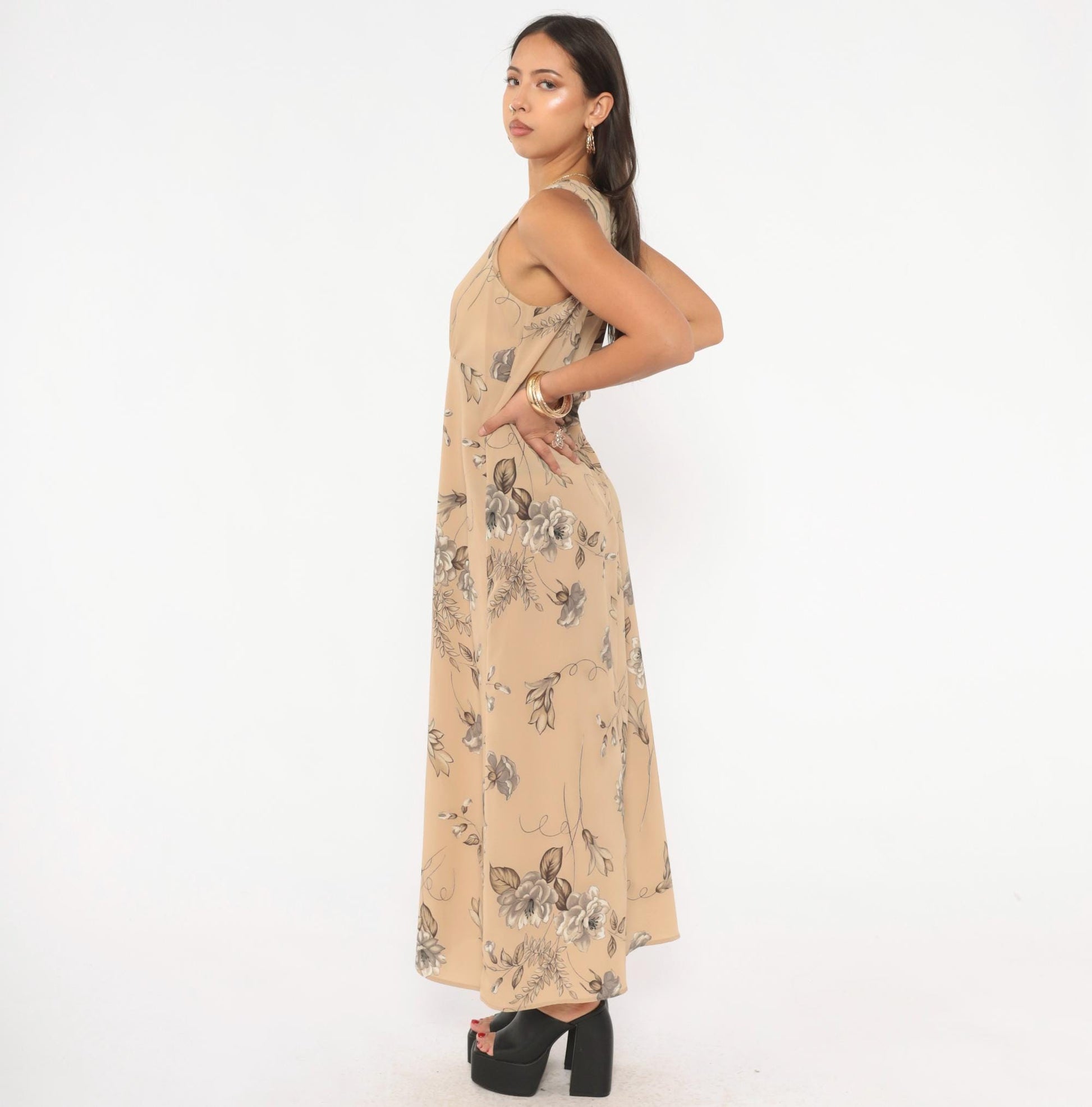 90s Byer Too! Floral Maxi Dress Beige Taupe Sleeveless Medium M