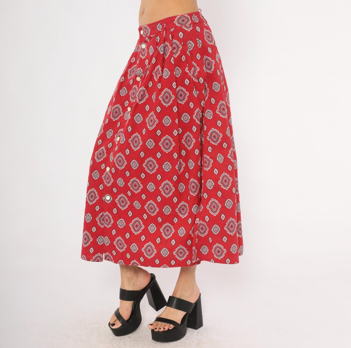 90s Liz Wear Southwestern Midi Skirt Red Medallion Print Cotton Large L
