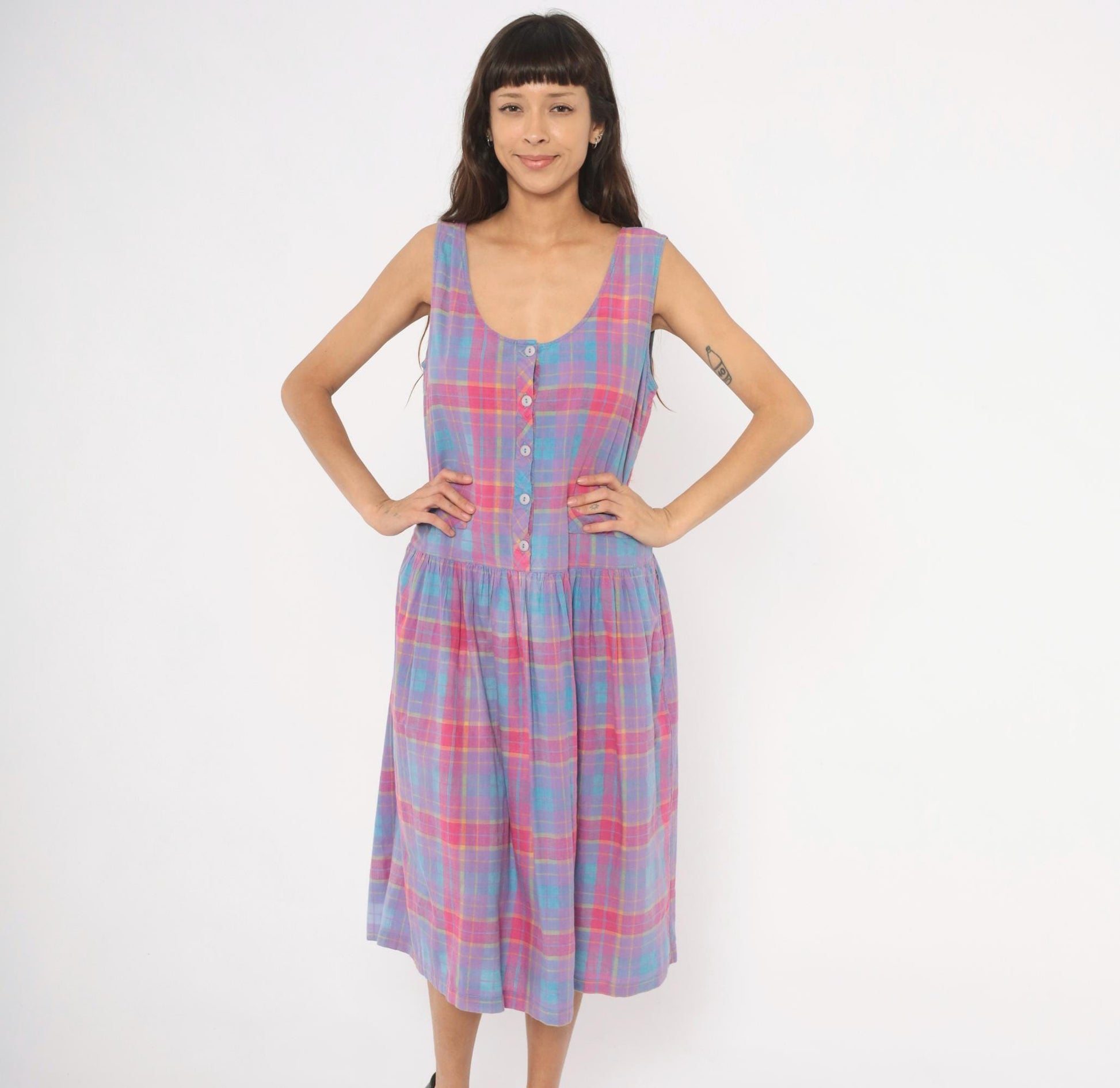90s Victoria Plaid Cotton Midi Sundress Purple Pink Blue Large L
