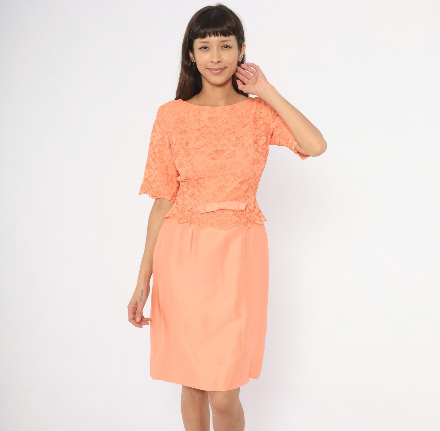 60s Sylvia Ann Peach Lace Peplum Dress Scalloped Half Sleeve Medium