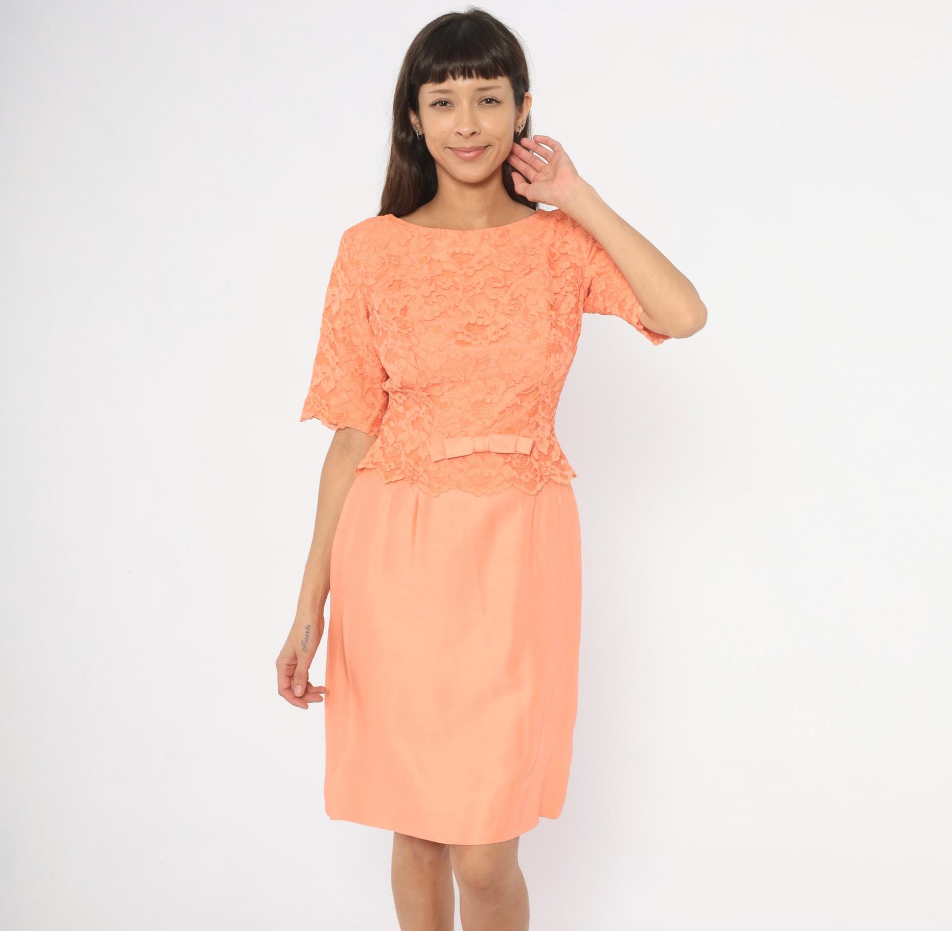 60s Sylvia Ann Peach Lace Peplum Dress Scalloped Half Sleeve Medium