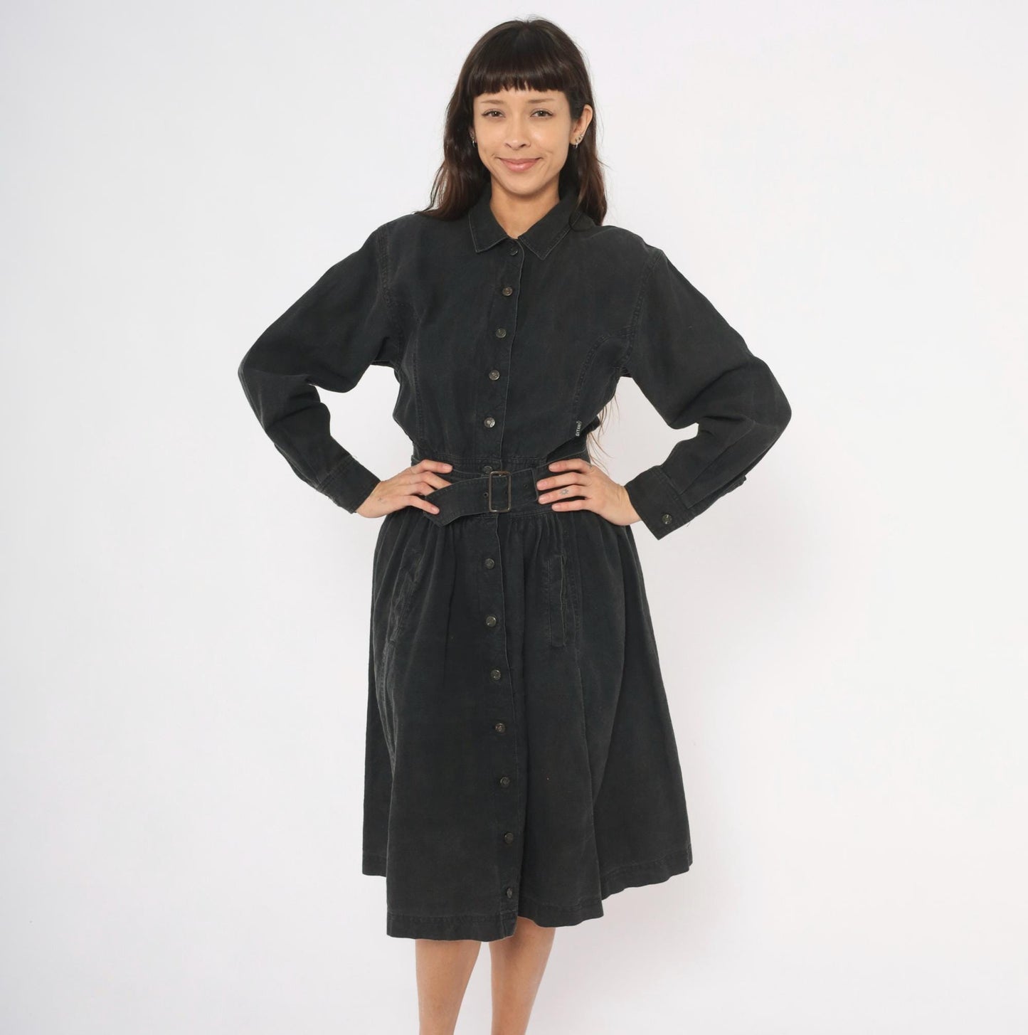 90s Gitano Black Denim Shirtdress Belted A-Line Gathered Skirt Medium M