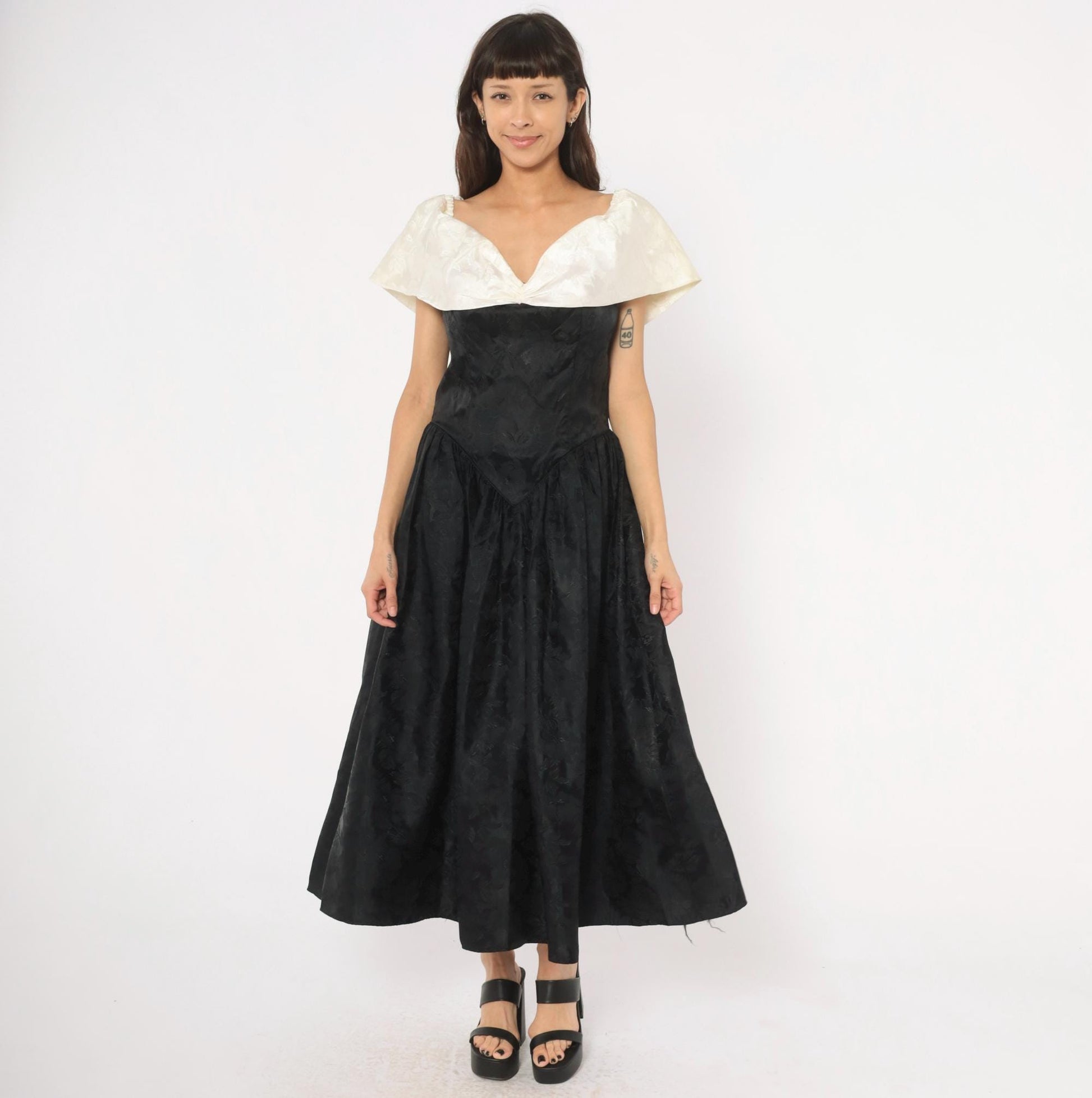 90s Black Ivory Jacquard Off-Shoulder Evening Gown Basque Waist Large L