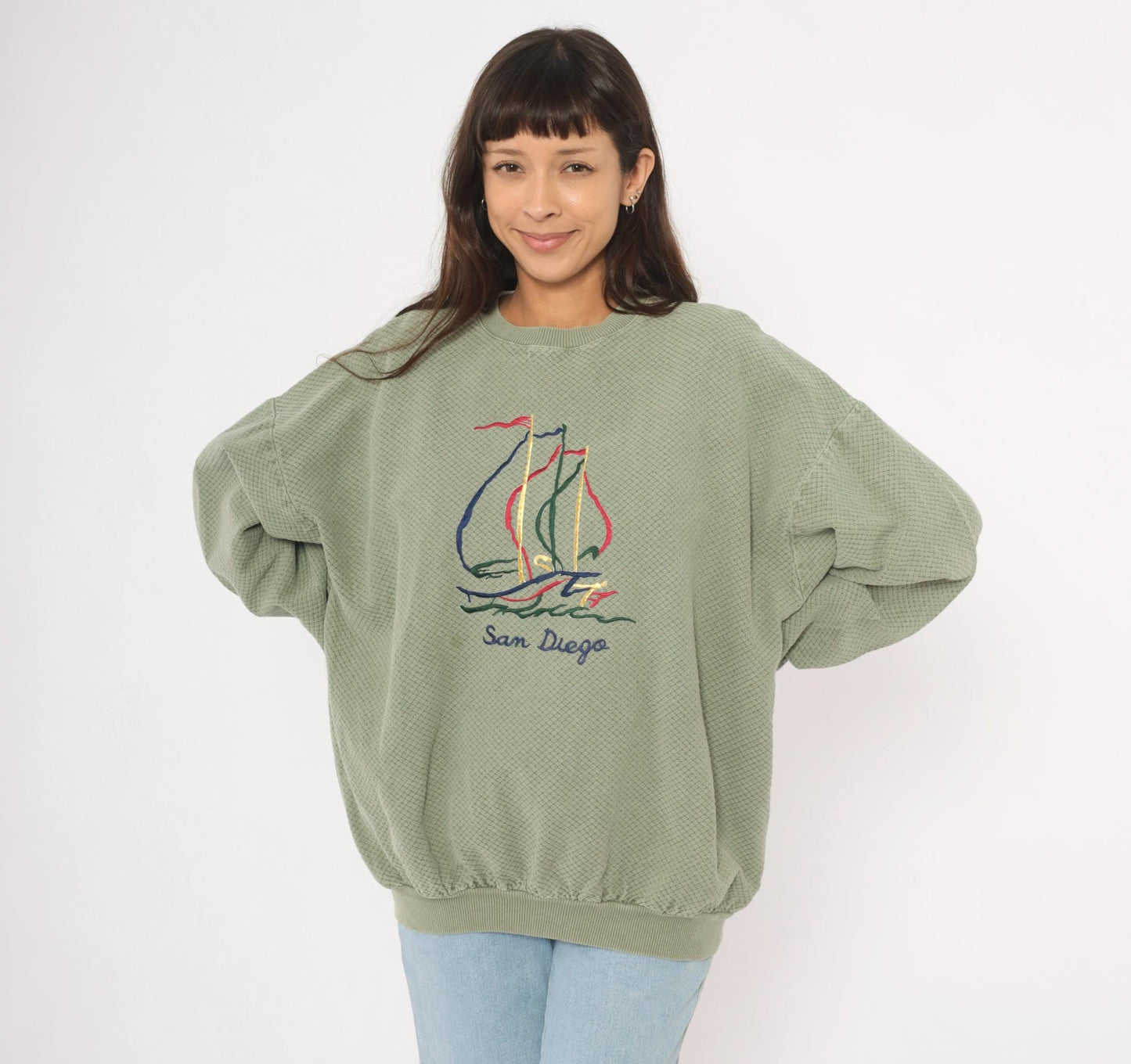 90s San Diego Sailboat Embroidered Waffle Knit Sweatshirt Olive Large L