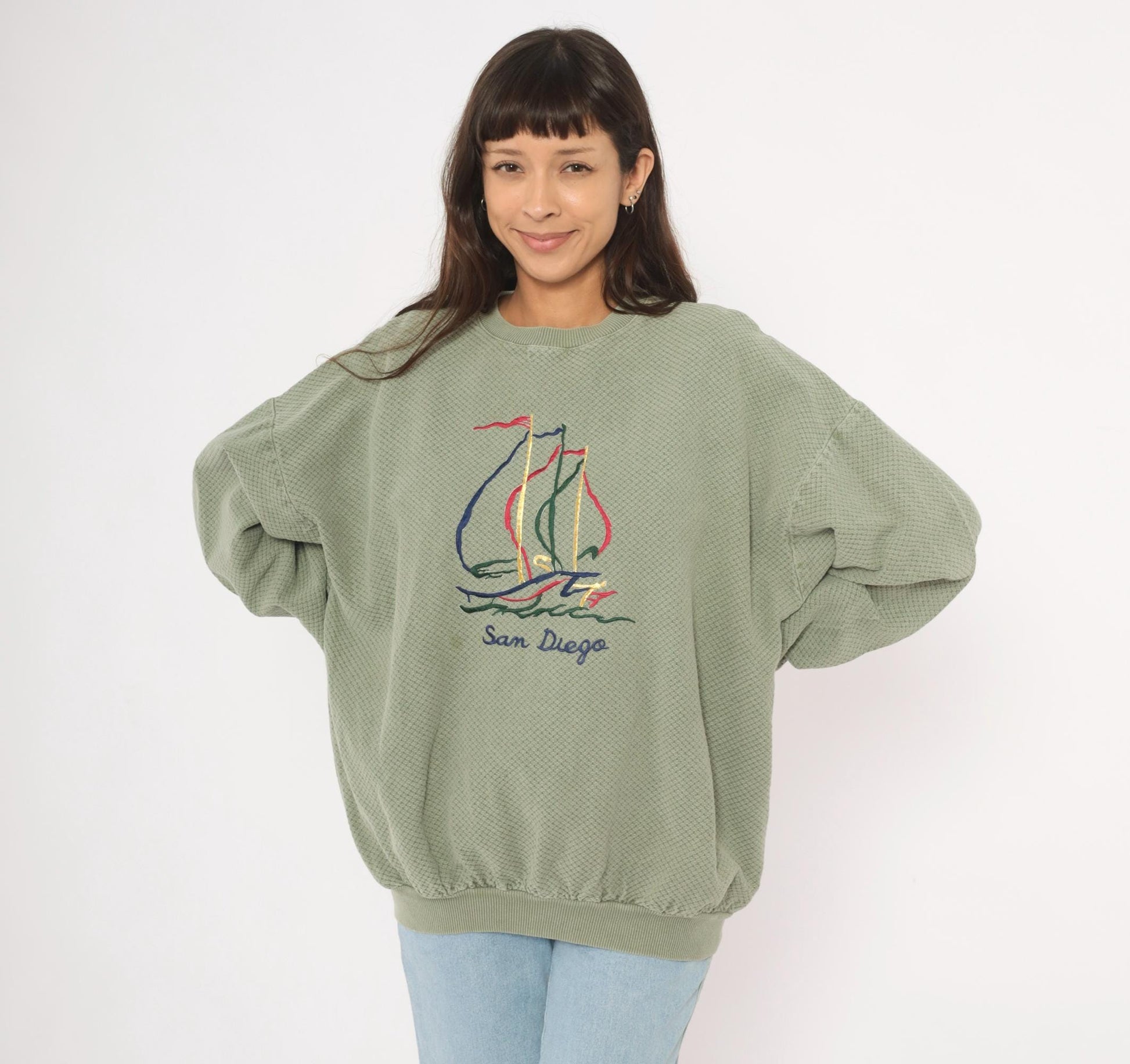 90s San Diego Sailboat Embroidered Waffle Knit Sweatshirt Olive Large L