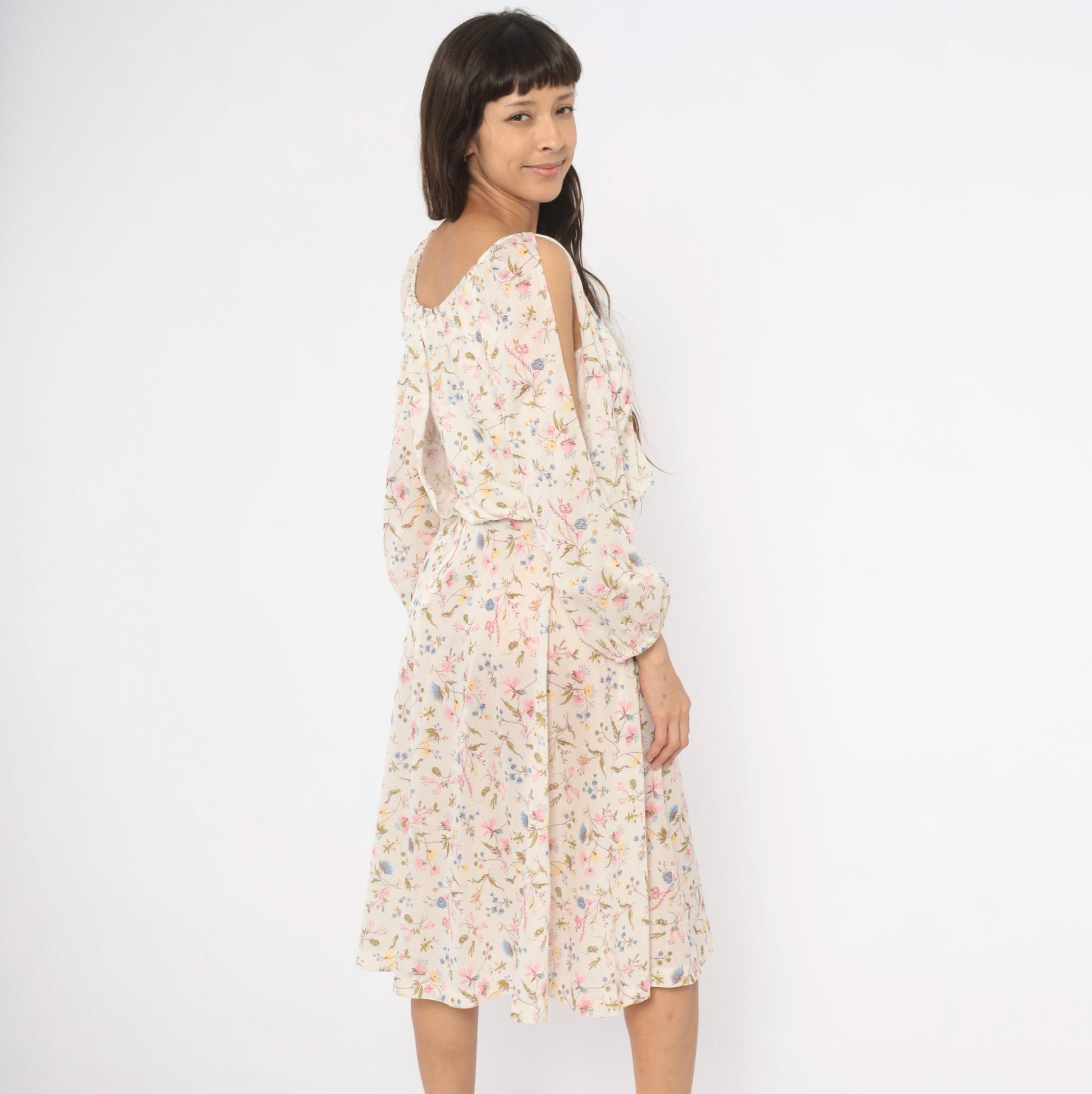 70s Wildflower Midi Dress Cream Floral Cold Shoulder Split Sleeve Medium