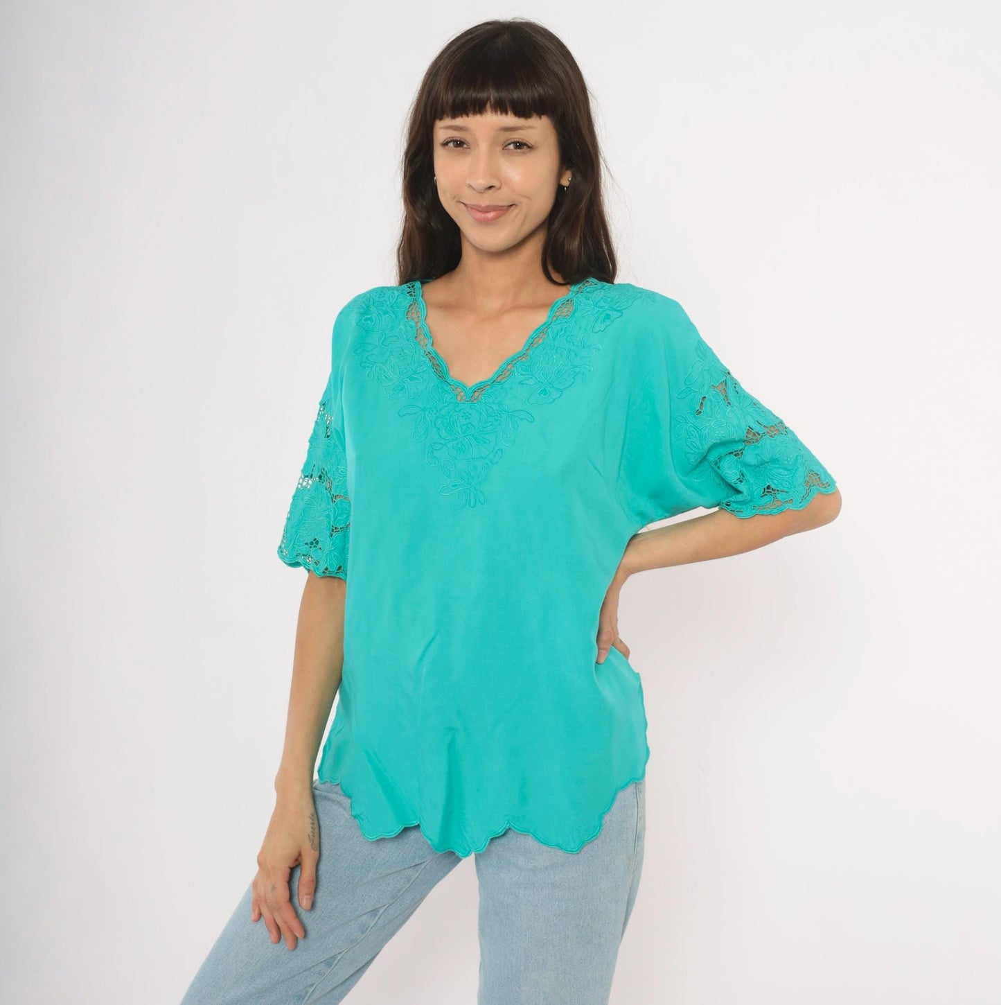 80s Bali Emerald Teal Cutwork Lace Blouse Floral Embroidered V-Neck
