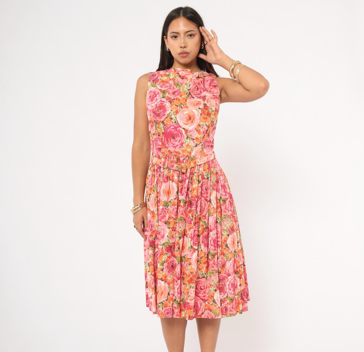 60s Kleinerts Rose Print Dress Pink Coral Floral Sleeveless Cotton Small