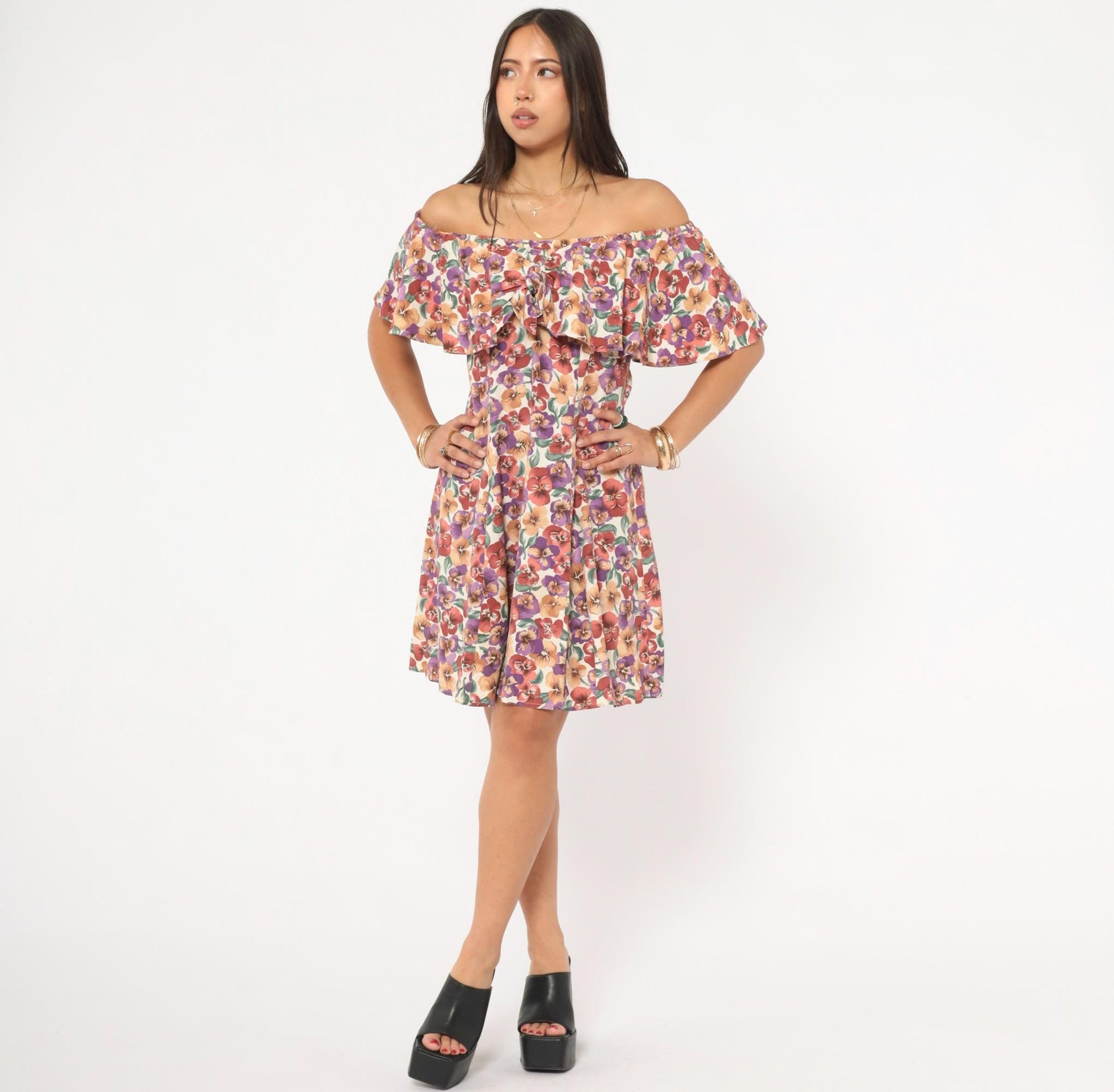 90s Rampage Pansy Floral Off-Shoulder Mini Dress Cream Small