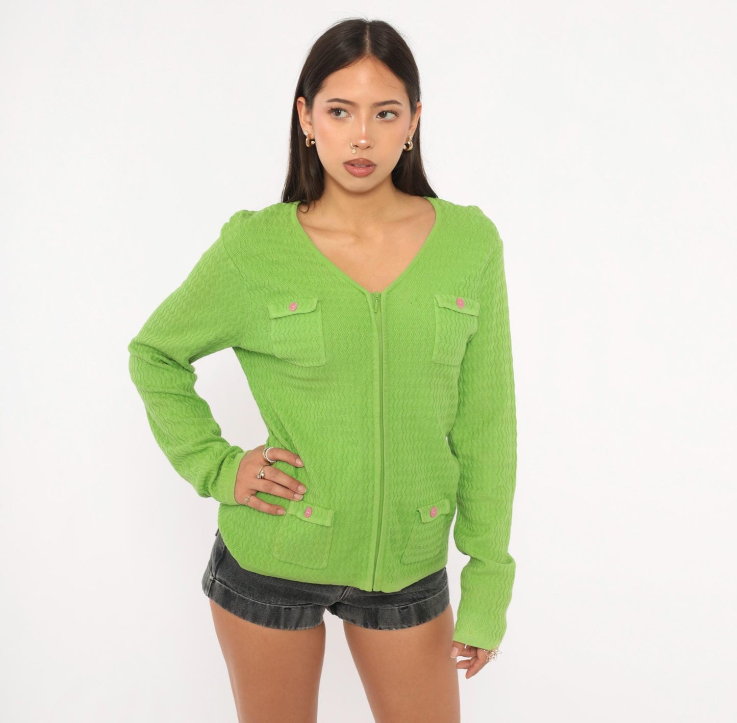 90s Sag Harbor Lime Green Chevron Cardigan Pink Button Pockets Medium M