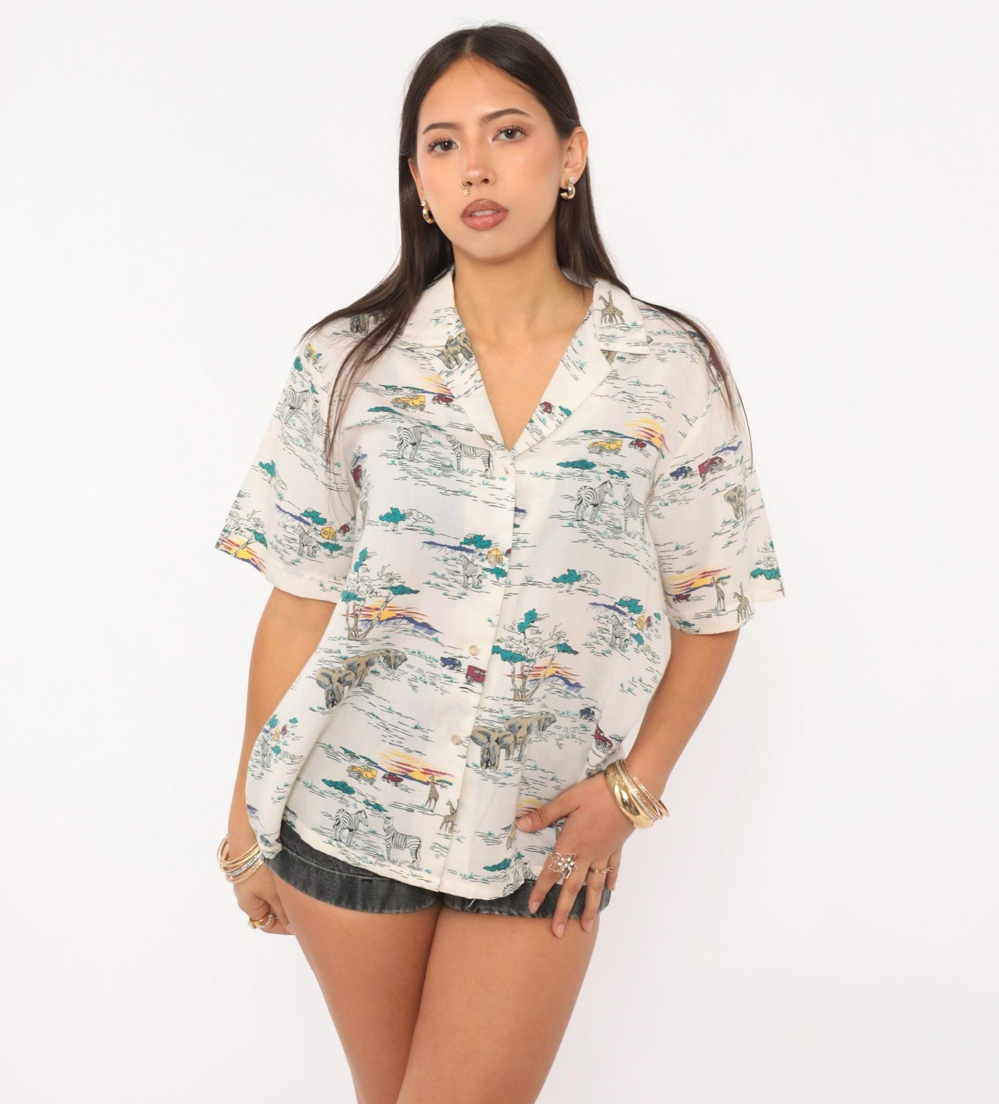90s Cheryl Tiegs Safari Animal Print Camp Shirt Ivory Cream Large L