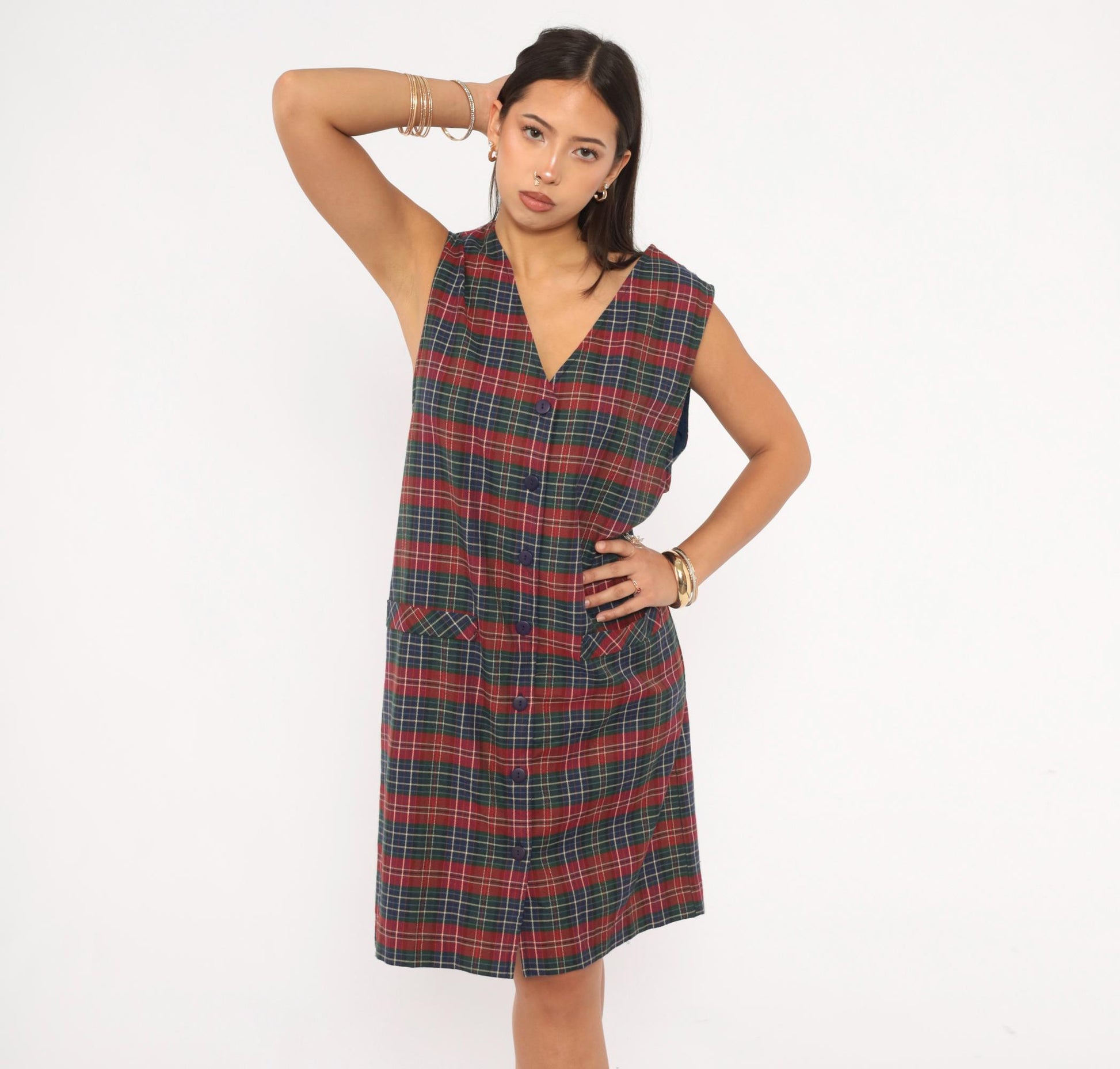 90s Baxter Wells Plaid Jumper Dress Navy Red Green Tartan Knee-Length Large L