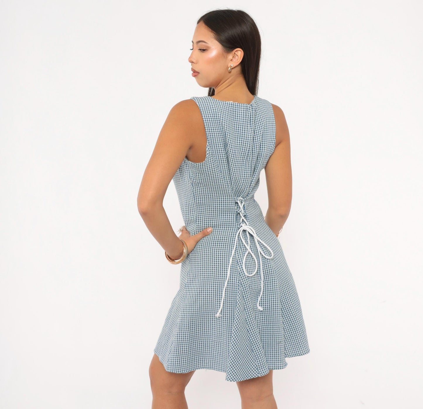 90s Especially Yours Gingham Mini Dress Blue White Lace-Up Back Medium