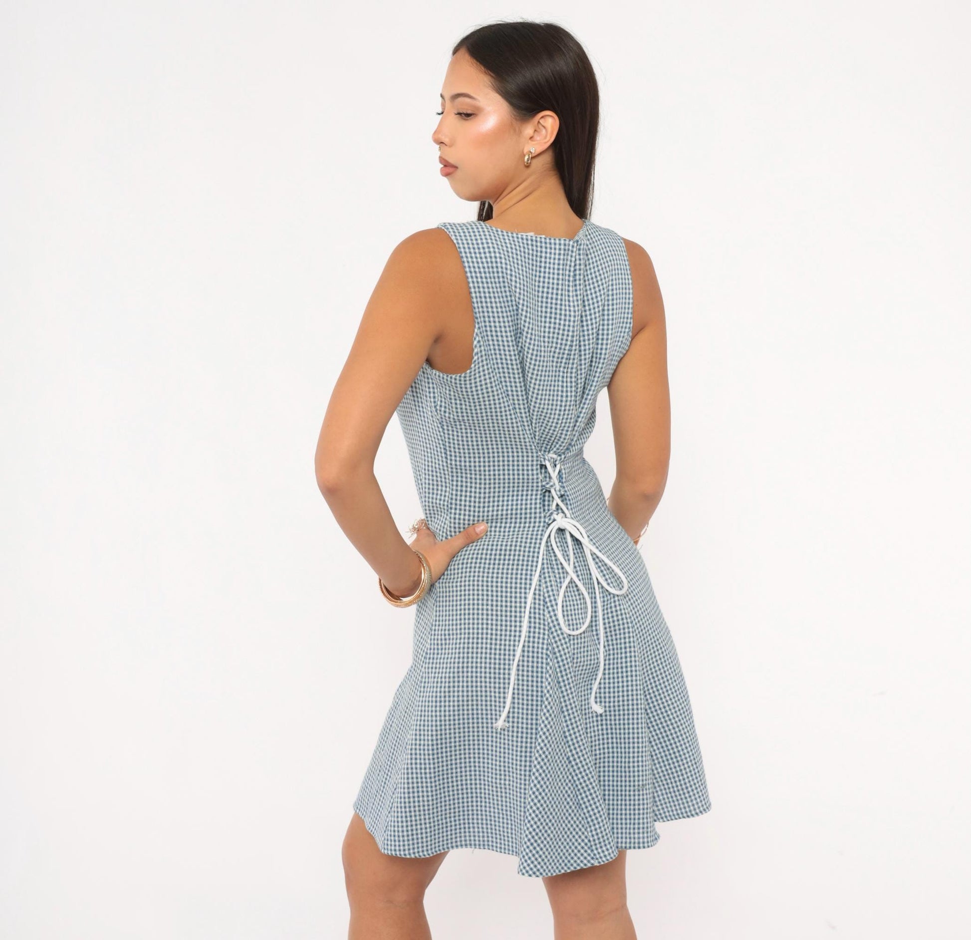90s Especially Yours Gingham Mini Dress Blue White Lace-Up Back Medium