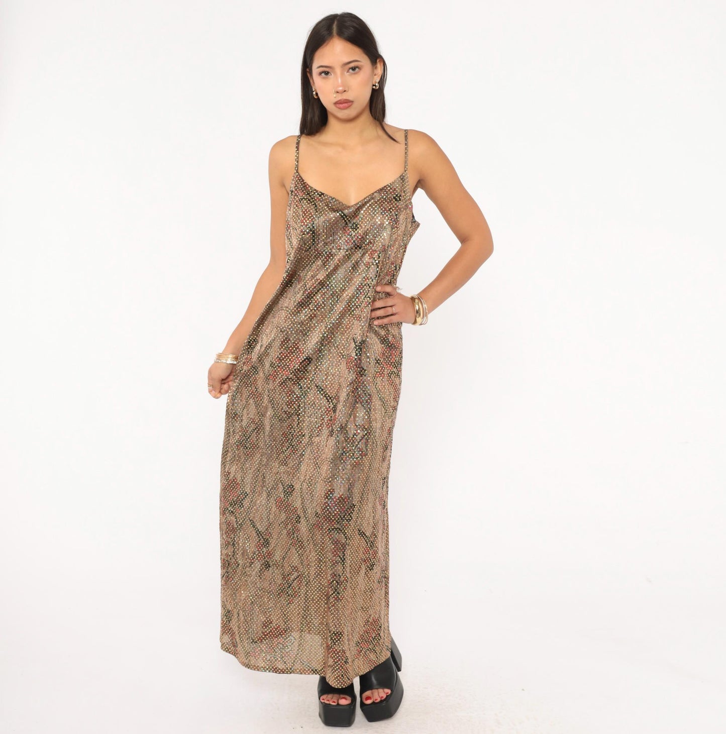 90s Metallic Shimmer Maxi Slip Dress Tan Burgundy Floral Gold Spaghetti Strap Large L