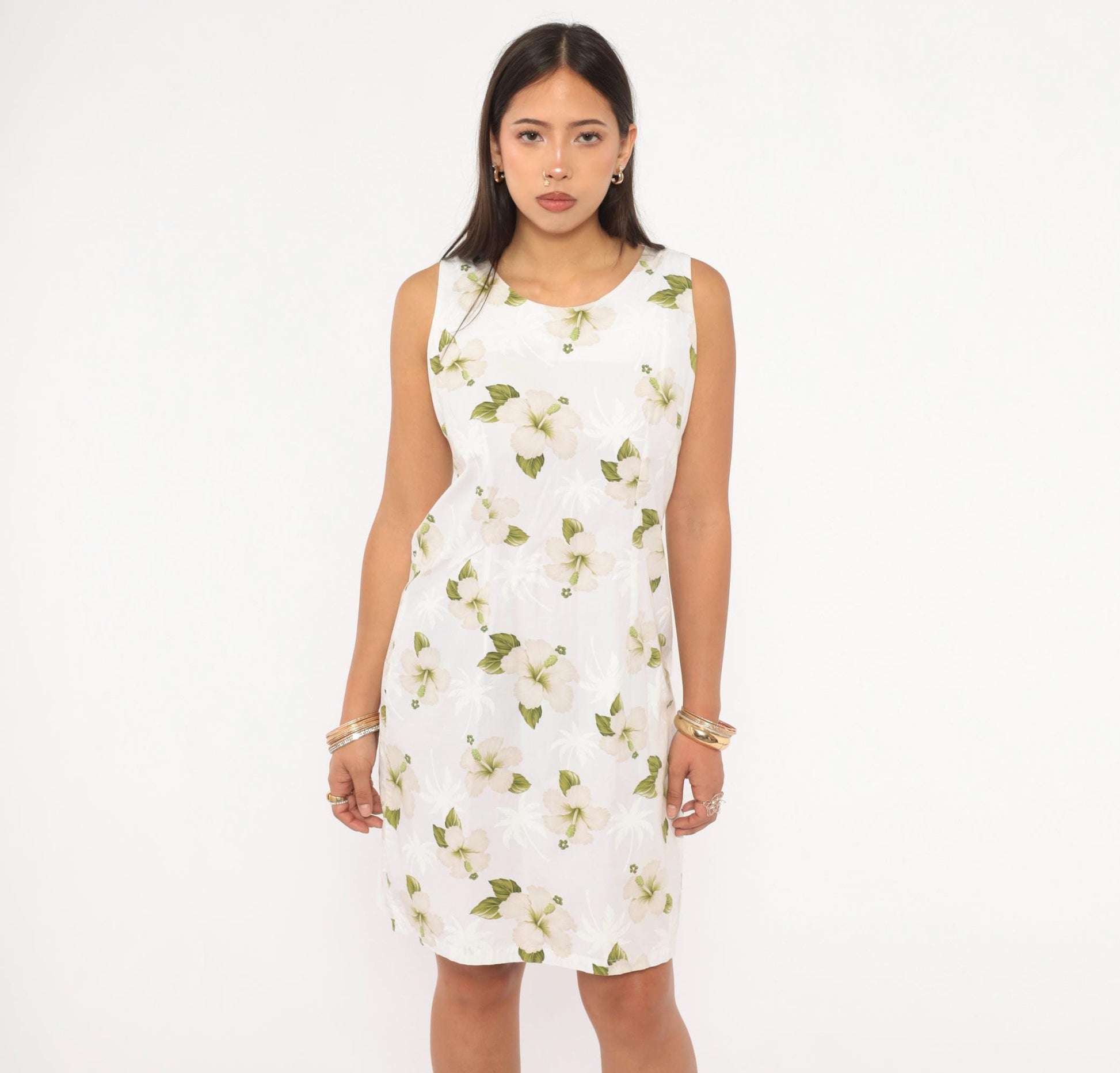 90s Pacific Legend Hawaiian Hibiscus Sundress White Cotton Knee-Length Small