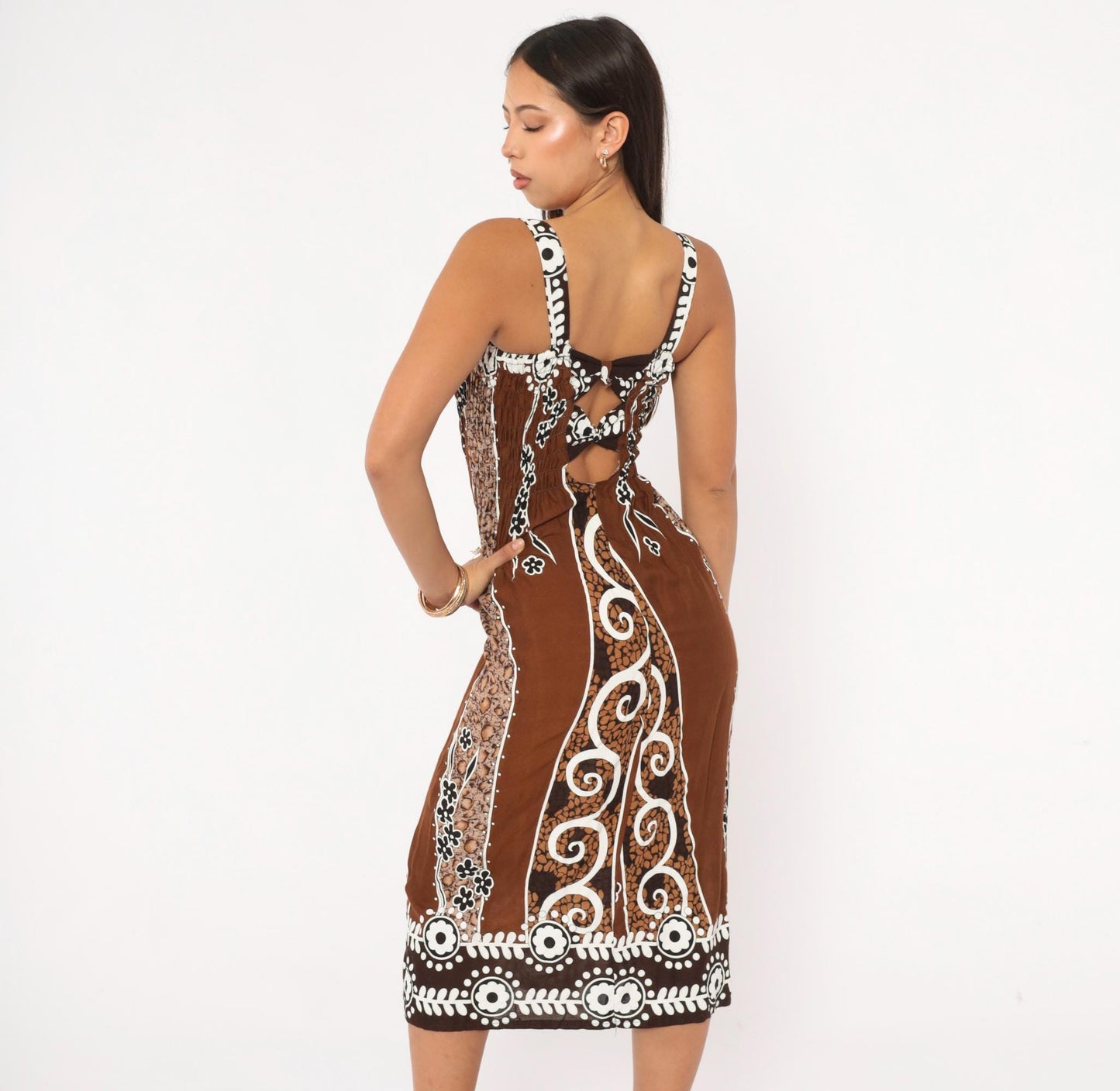 2000s Batik Sundress Brown White Floral Square Neck Cutout Small Medium