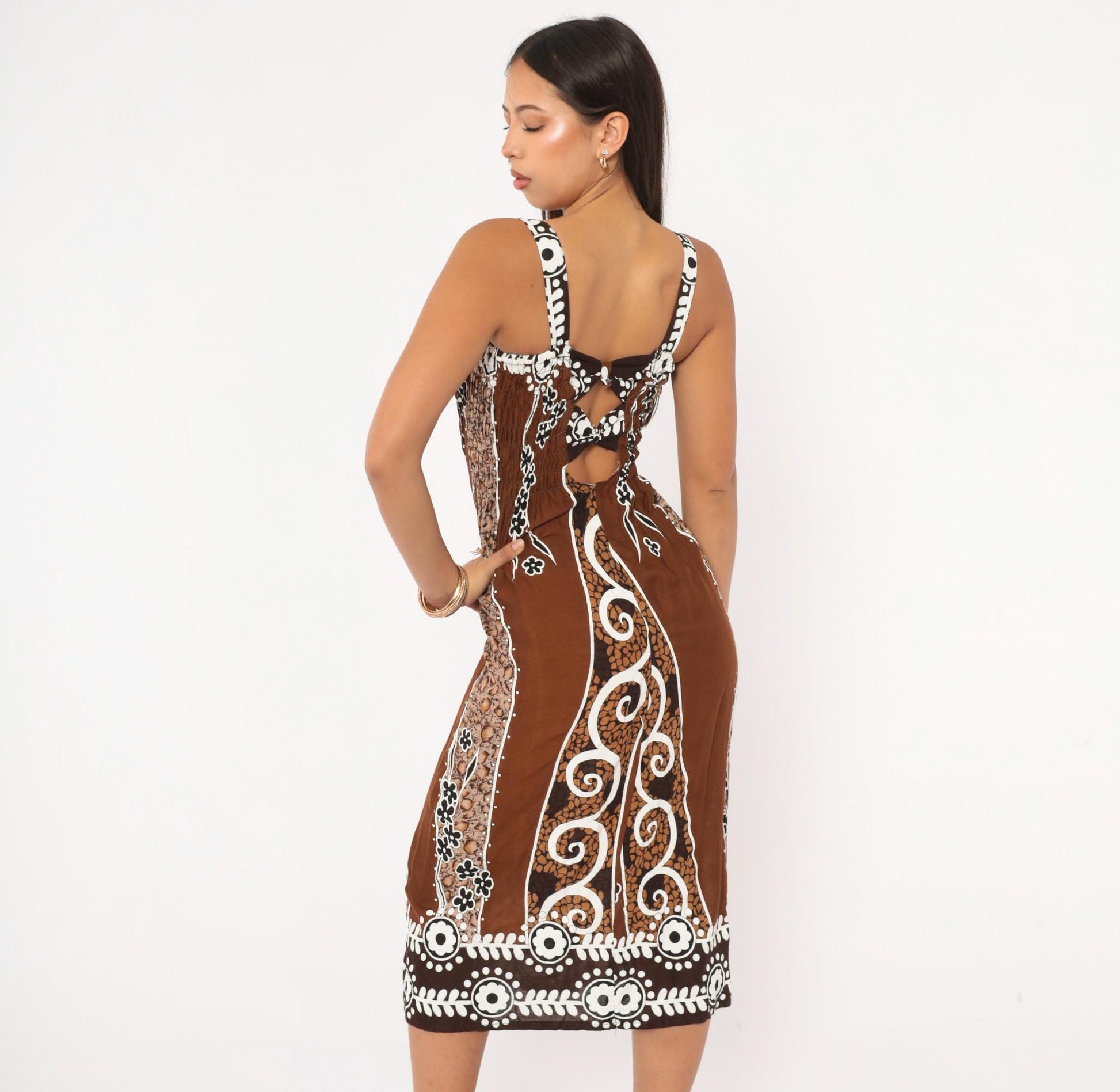 2000s Batik Sundress Brown White Floral Square Neck Cutout Small Medium